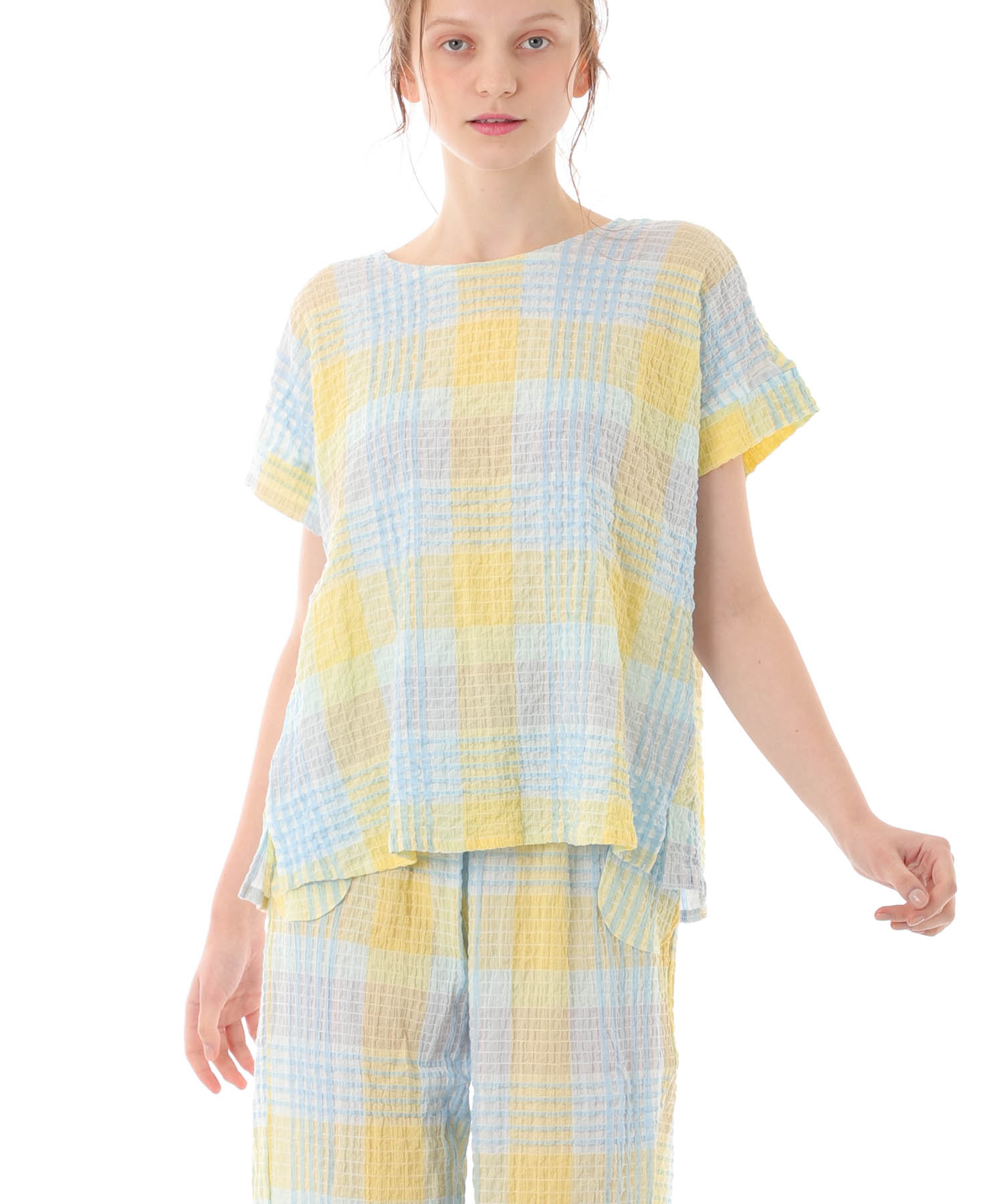 シャーリングマドラスチェックセットアップ_パジャマ&ルームウェア-セットアップ_イエロー_3