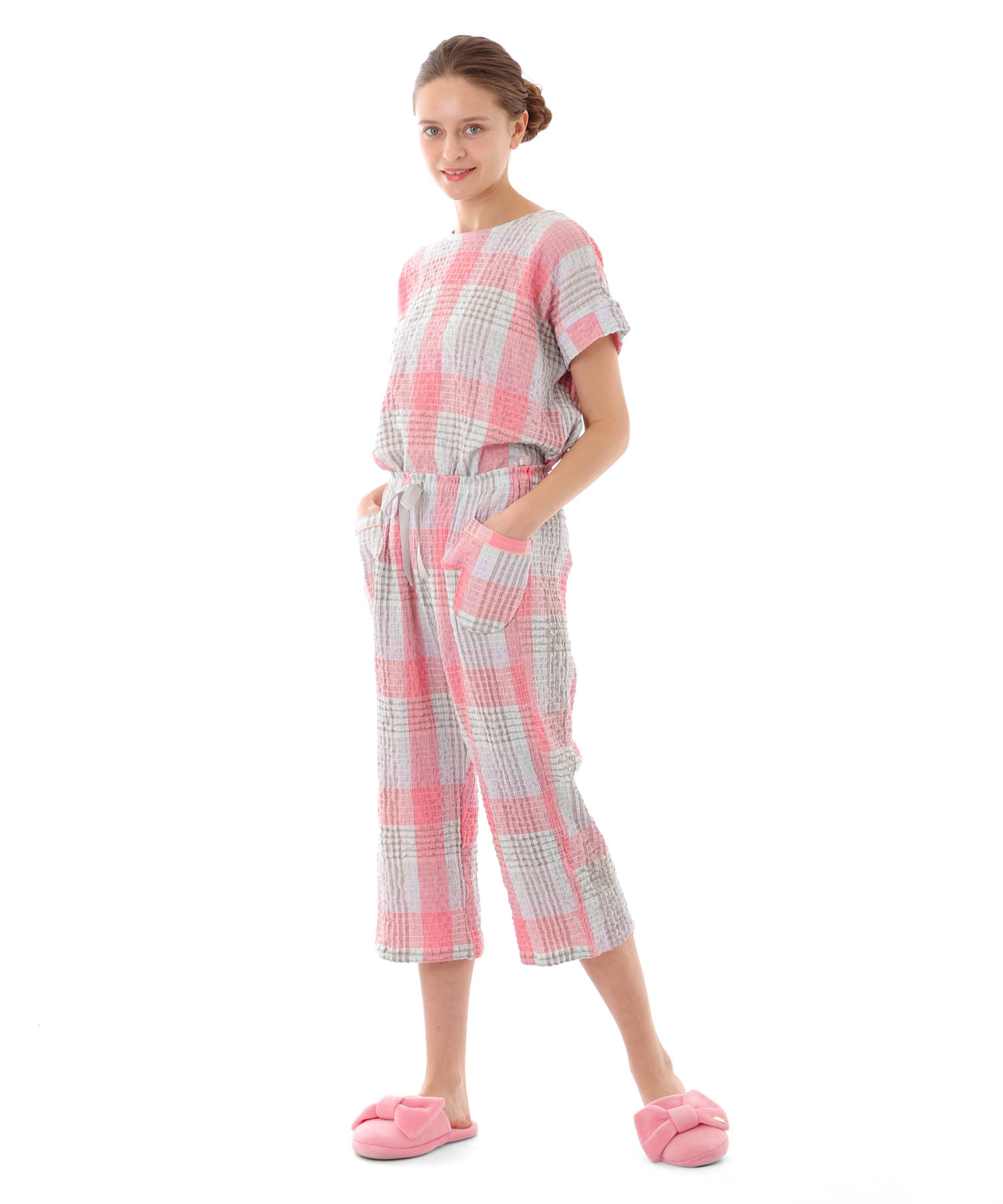 シャーリングマドラスチェックセットアップ_パジャマ&ルームウェア-セットアップ_オレンジ_1