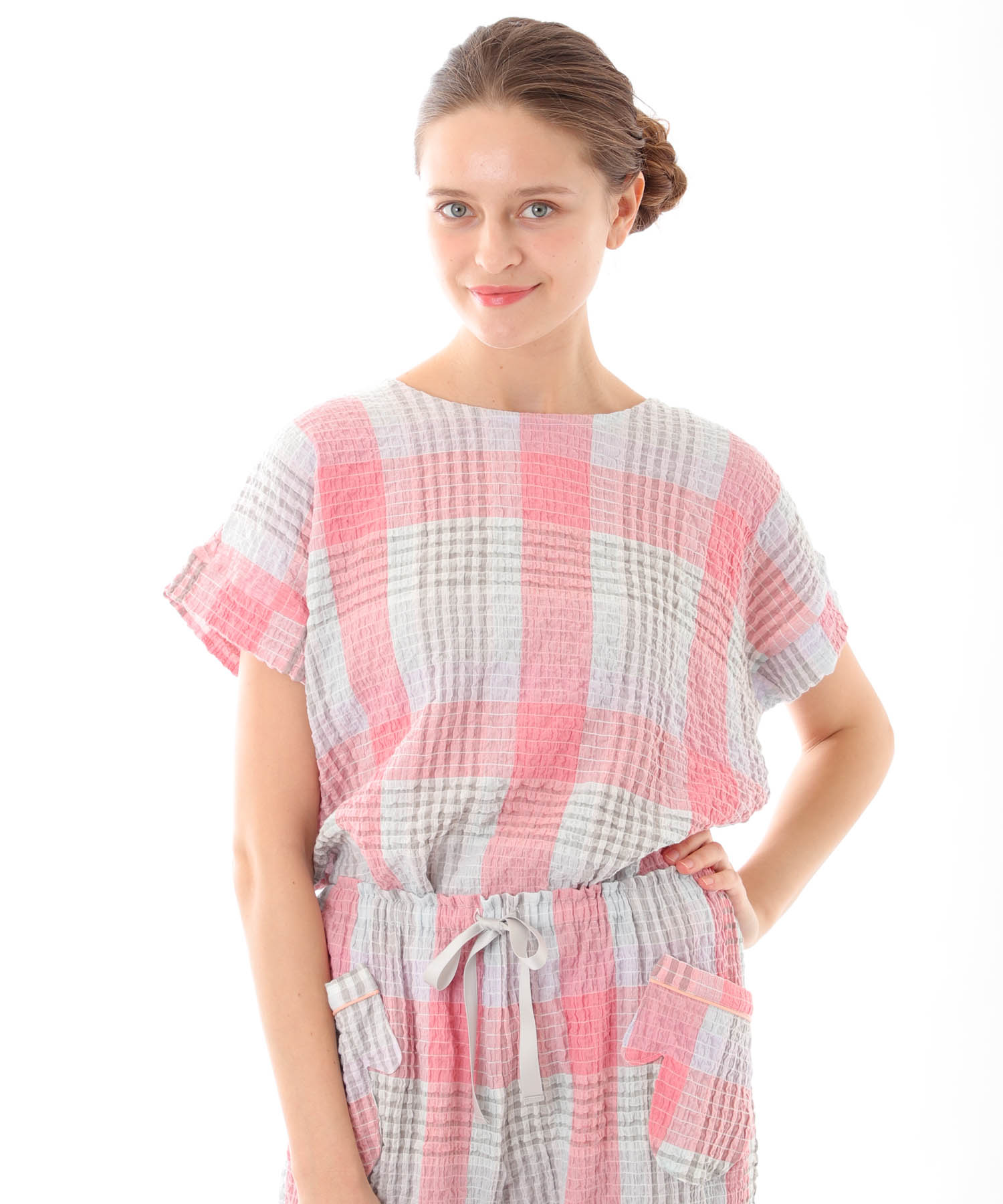 シャーリングマドラスチェックセットアップ_パジャマ&ルームウェア-セットアップ_オレンジ_2