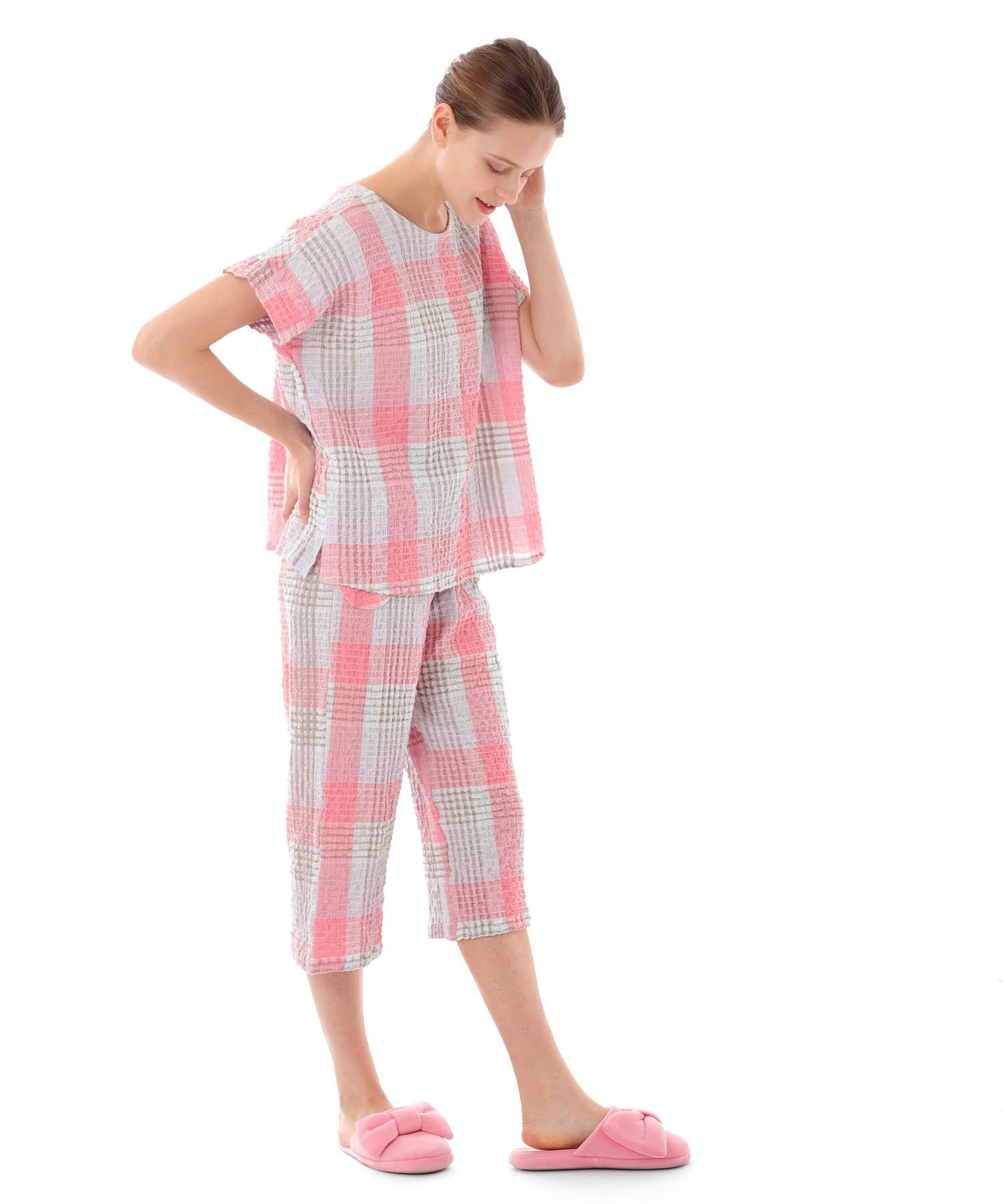 シャーリングマドラスチェックセットアップ_パジャマ&ルームウェア-セットアップ_オレンジ_3