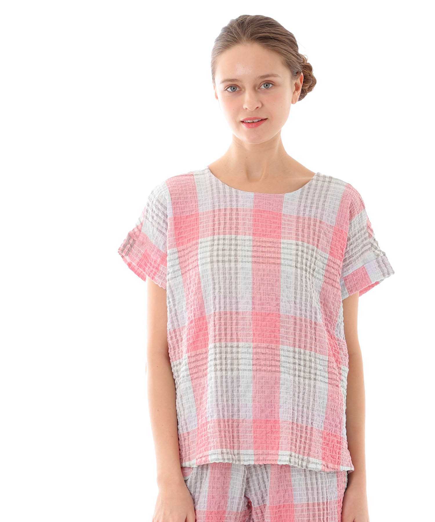 シャーリングマドラスチェックセットアップ_パジャマ&ルームウェア-セットアップ_オレンジ_4