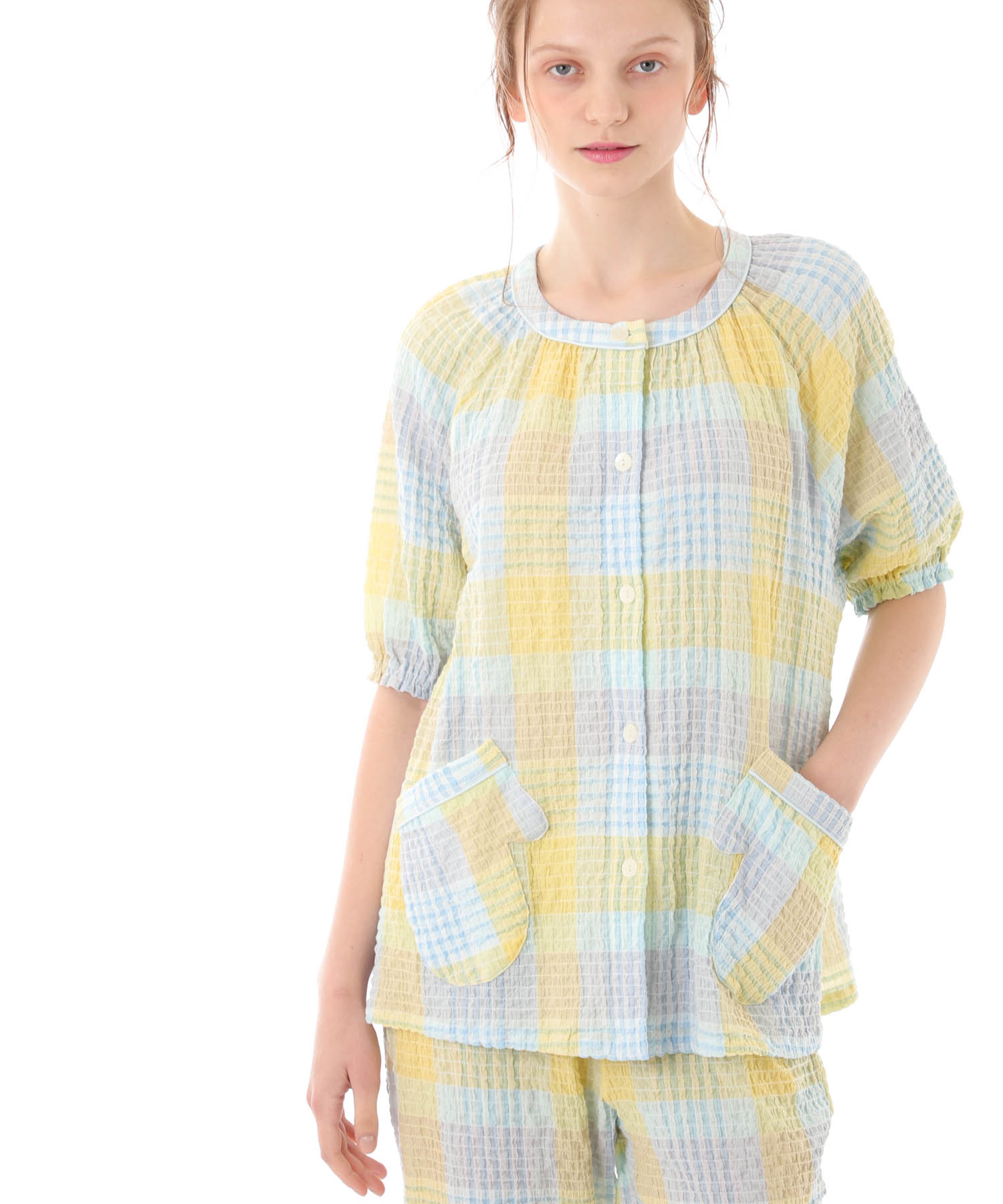 シャーリングマドラスチェックラグラン_パジャマ&ルームウェア-セットアップ_イエロー_0