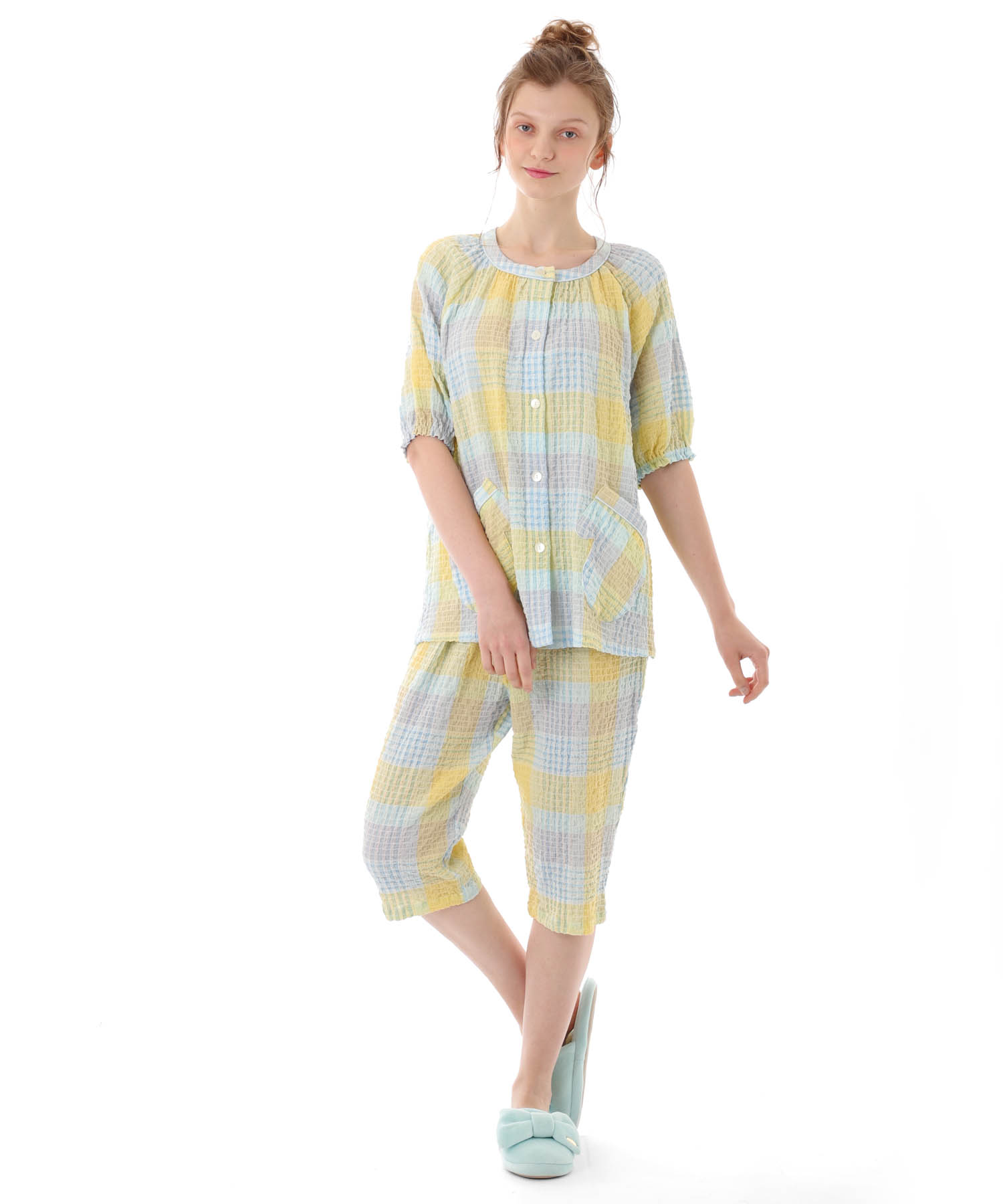 シャーリングマドラスチェックラグラン_パジャマ&ルームウェア-セットアップ_イエロー_1