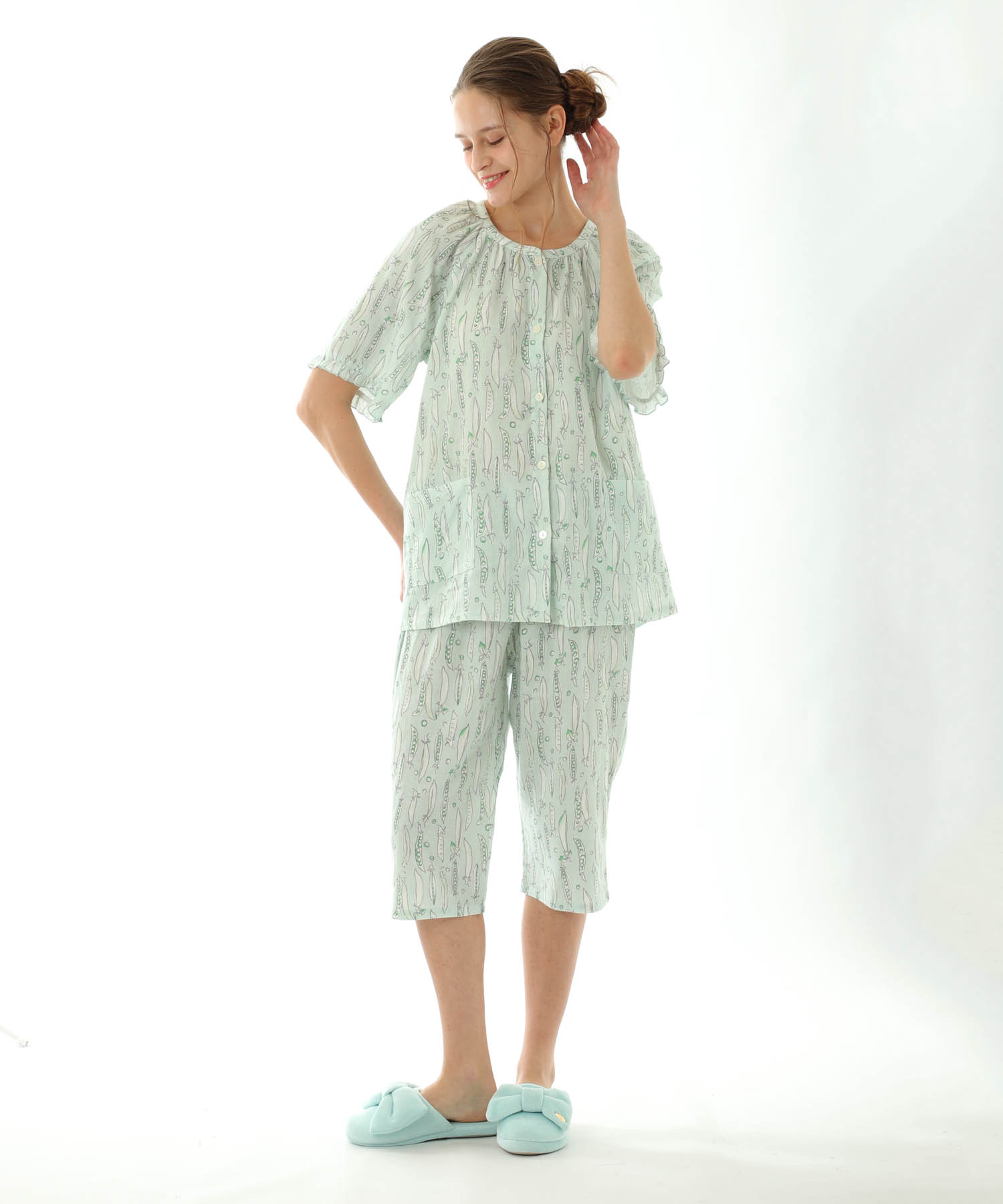 ダブル楊柳スナップエンドウラグラン_パジャマ&ルームウェア-セットアップ_グリーン_1