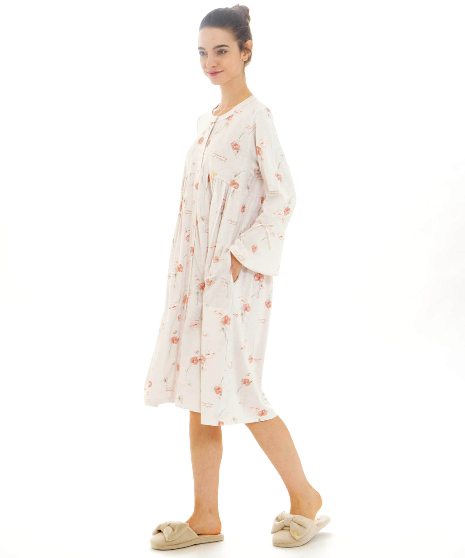 コットン天竺アンスリウム前開きワンピース_パジャマ&ルームウェア-ワンピース・ネグリジェ_ピンク_2