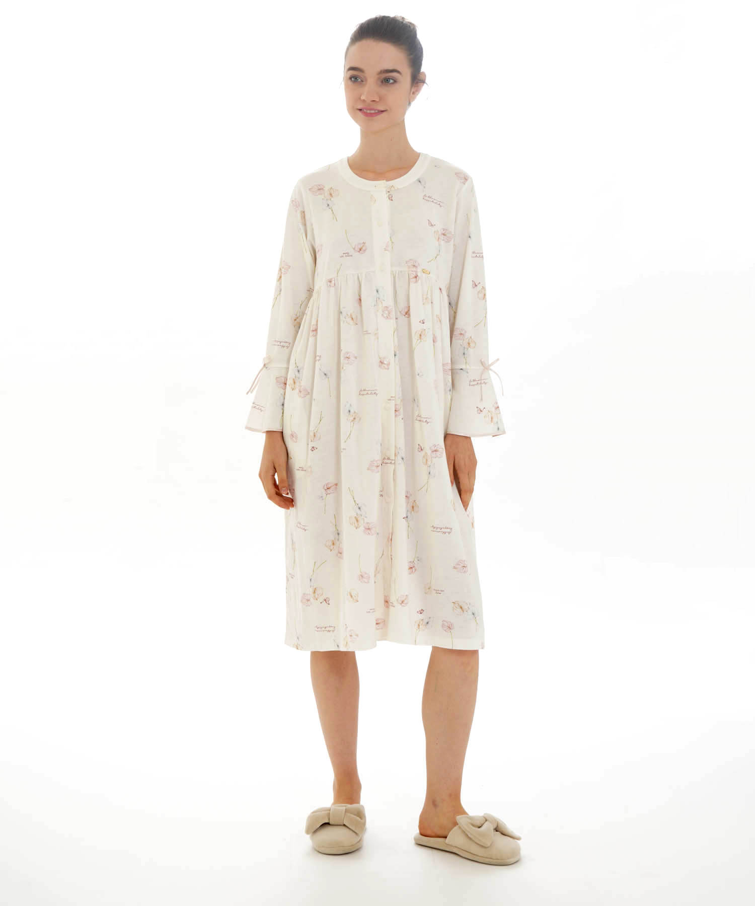 コットン天竺アンスリウム前開きワンピース_パジャマ&ルームウェア-ワンピース・ネグリジェ_ホワイト_2