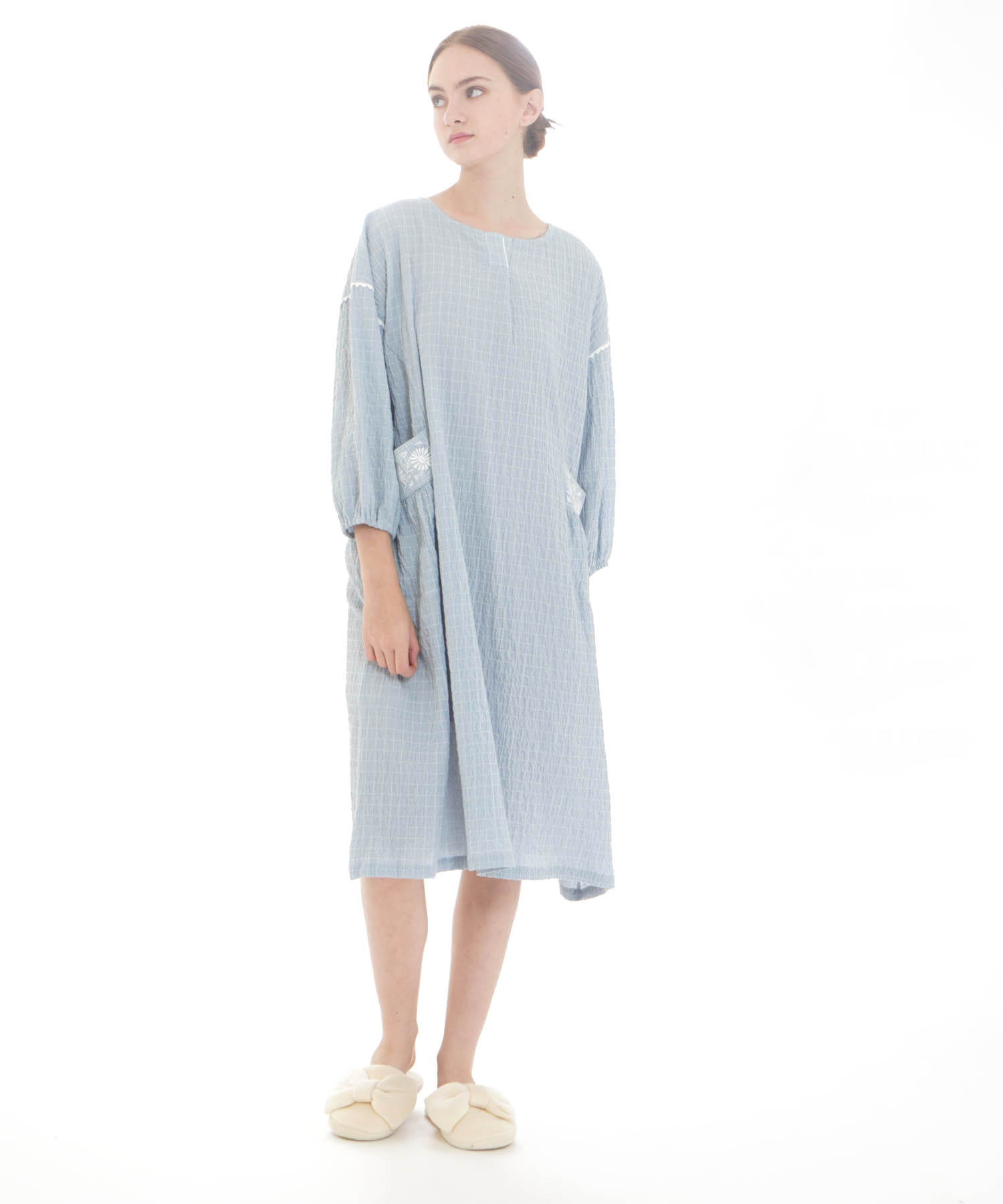 シャーリングボイルチェックワンピース_パジャマ&ルームウェア-ワンピース・ネグリジェ_ブルー_1