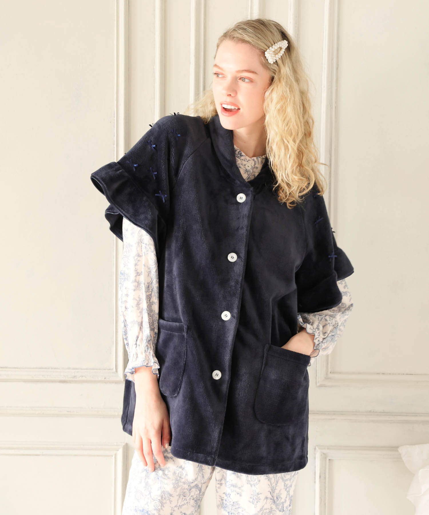 ソフティースノーリボンリボンベスト_パジャマ&ルームウェア-トップス-カーディガン・ガウン_ネイビー_1