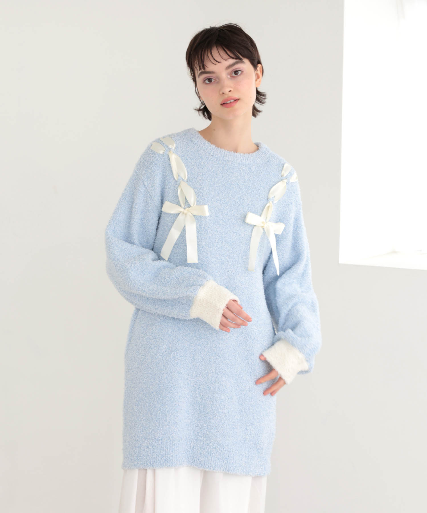 モールニットツイードライクワンピース_パジャマ&ルームウェア-ワンピース・ネグリジェ_ブルー_1