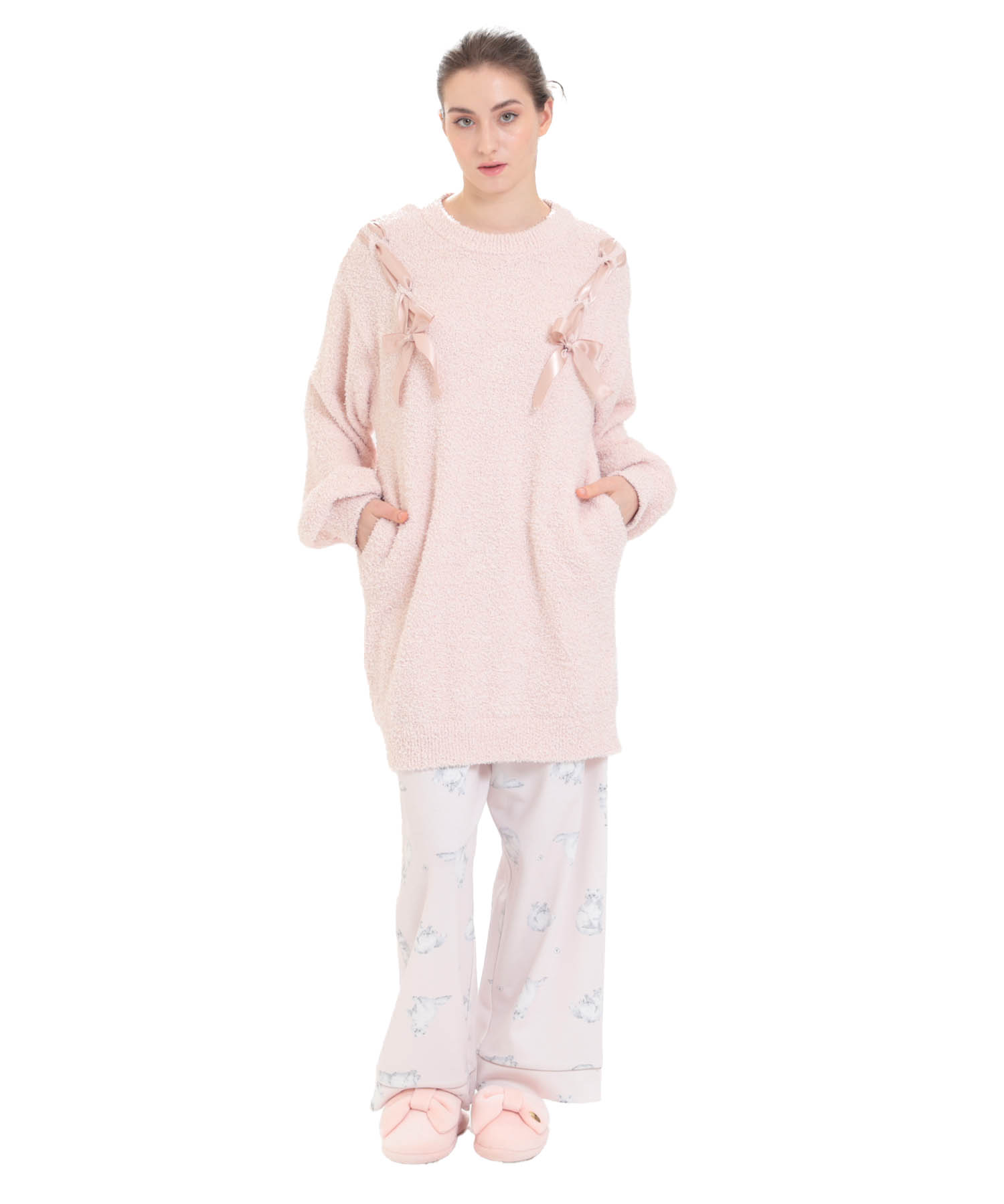 モールニットツイードライクワンピース_パジャマ&ルームウェア-ワンピース・ネグリジェ_ピンク_1