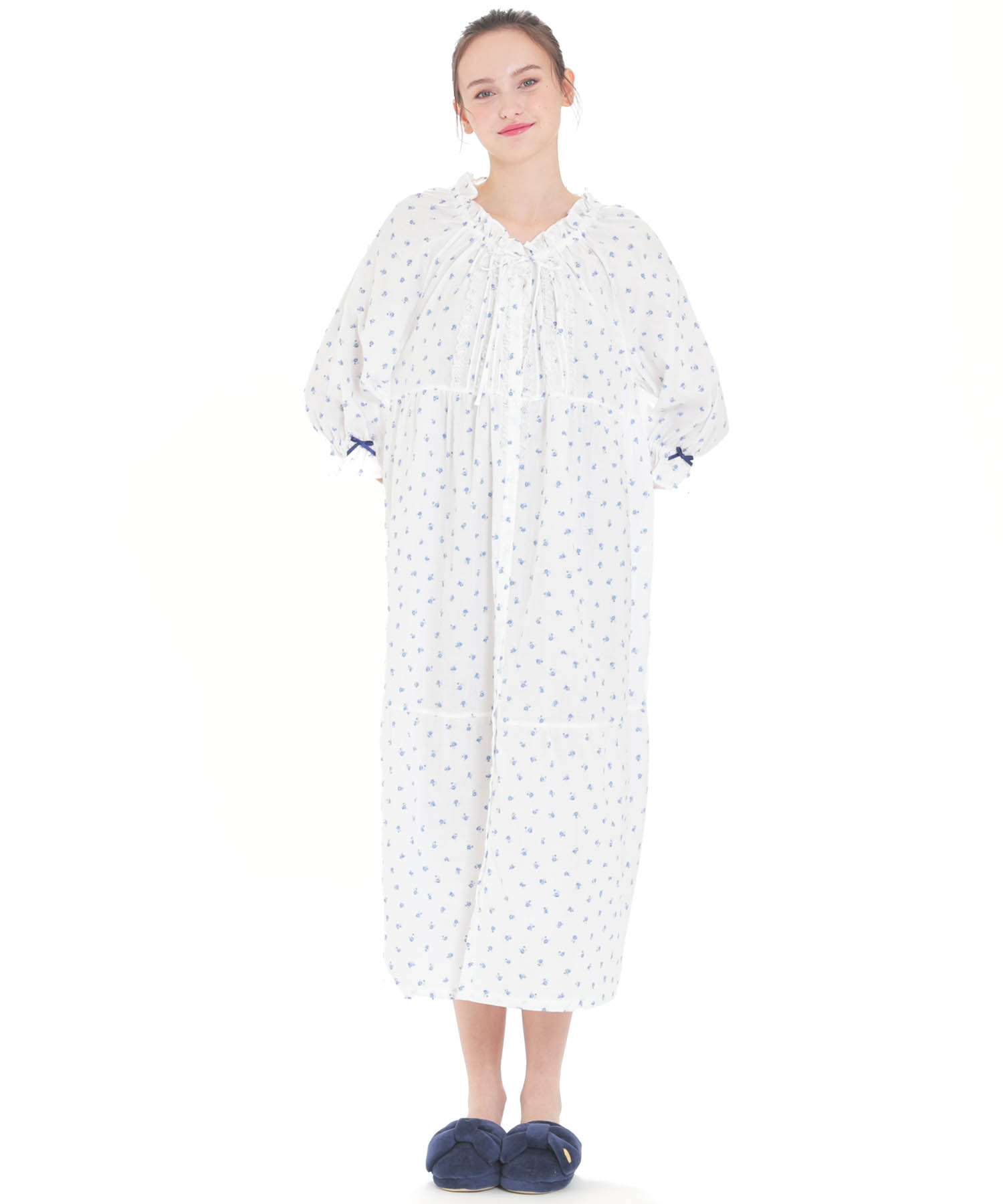 50/ダブルガーゼプチローズレーシーワンピース_パジャマ&ルームウェア-ワンピース・ネグリジェ_ブルー_1