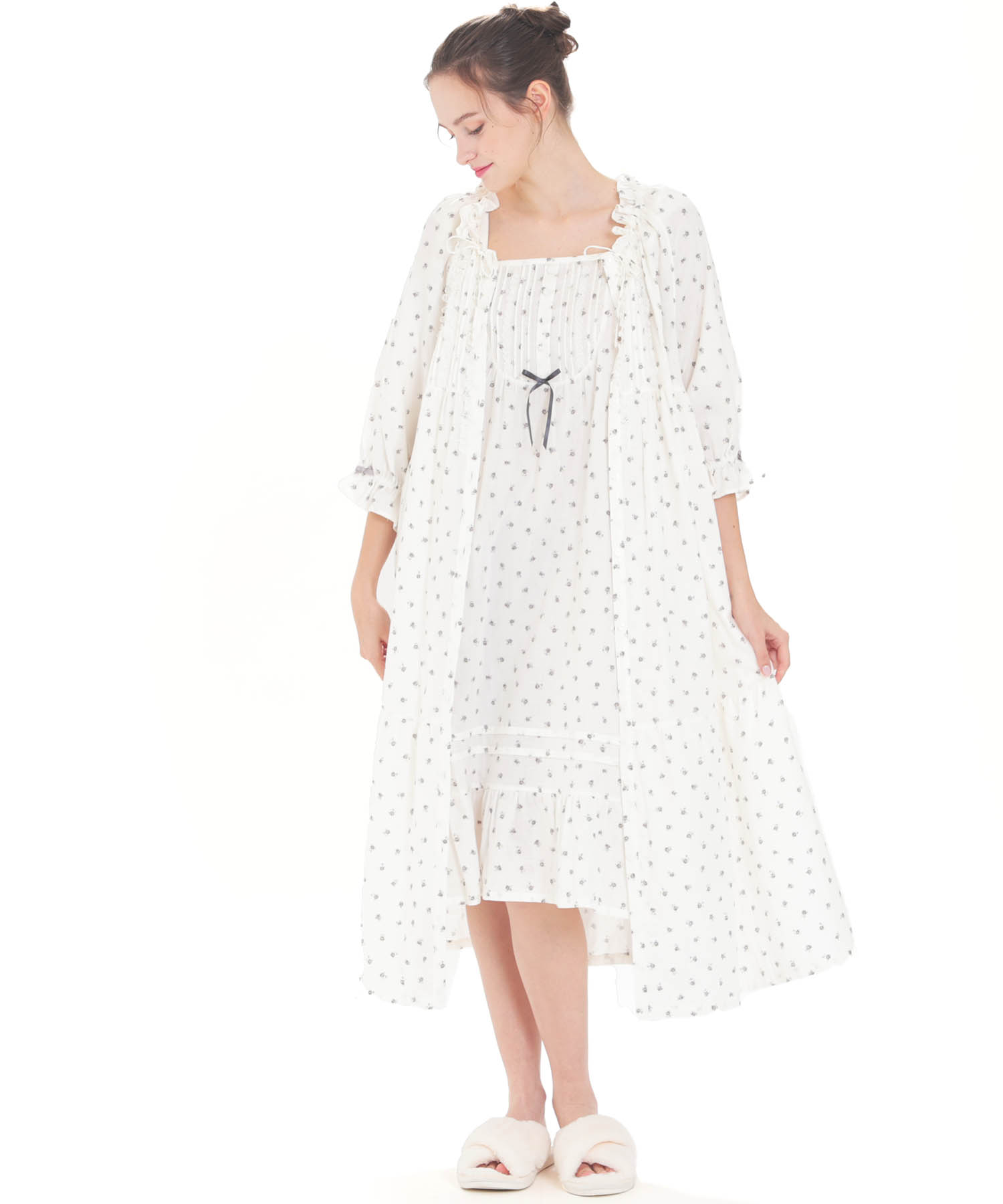 50/ダブルガーゼプチローズレーシーワンピース_パジャマ&ルームウェア-ワンピース・ネグリジェ_アイボリー_2