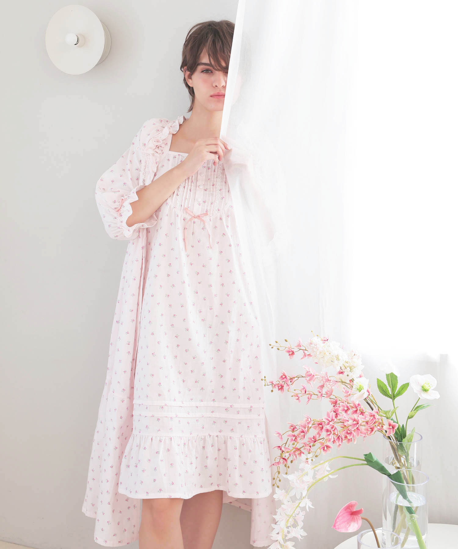 50/ダブルガーゼプチローズレーシーワンピース_パジャマ&ルームウェア-ワンピース・ネグリジェ_ピンク_1