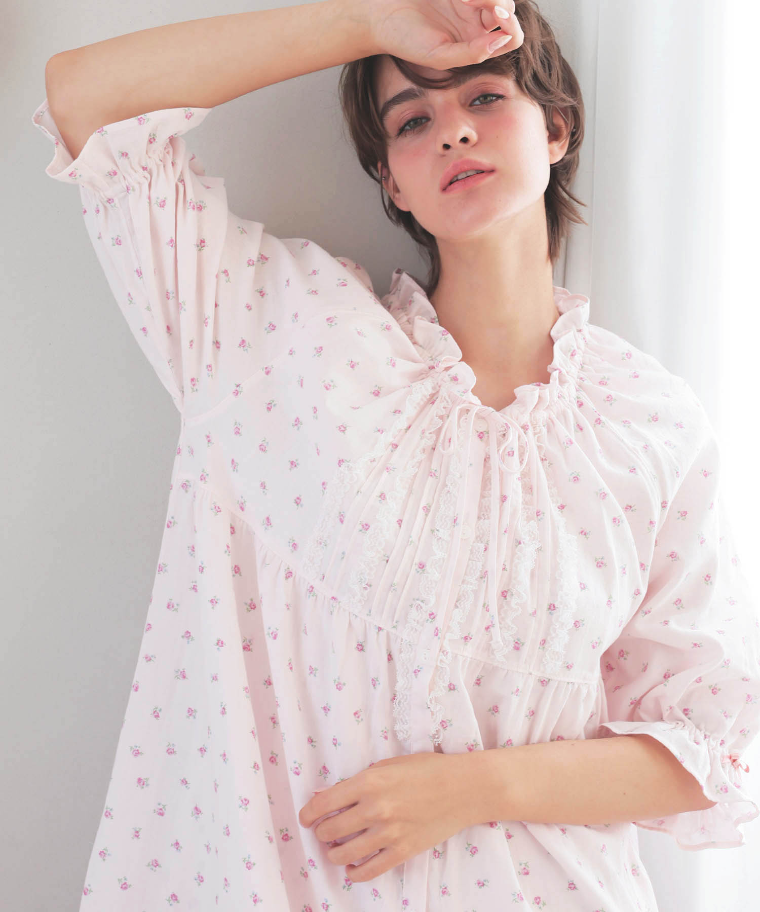 50/ダブルガーゼプチローズレーシーワンピース_パジャマ&ルームウェア-ワンピース・ネグリジェ_ピンク_3