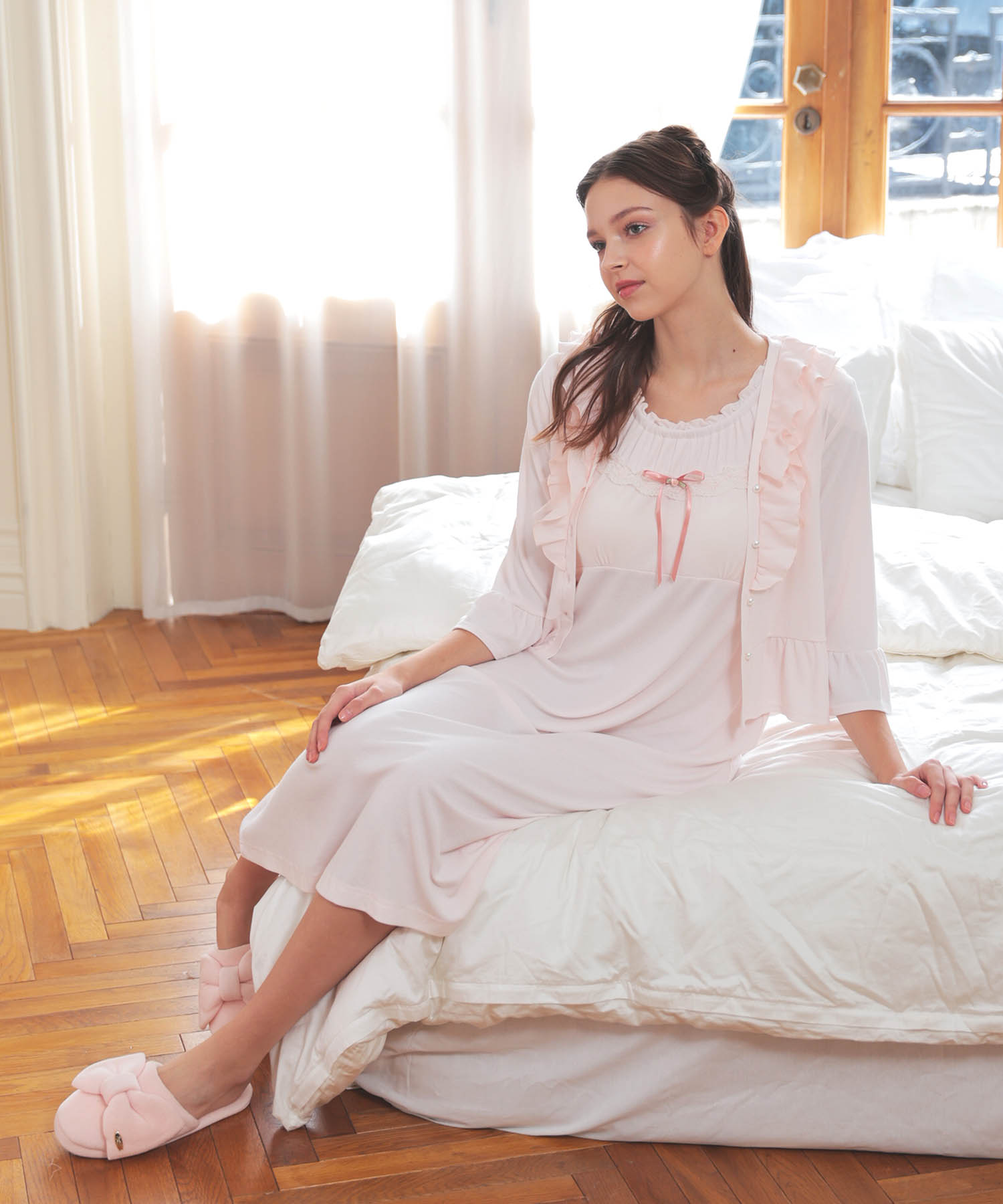 接触冷感リブニットクラシカルボレロ_パジャマ&ルームウェア-トップス-カーディガン・ガウン_ピンク_5