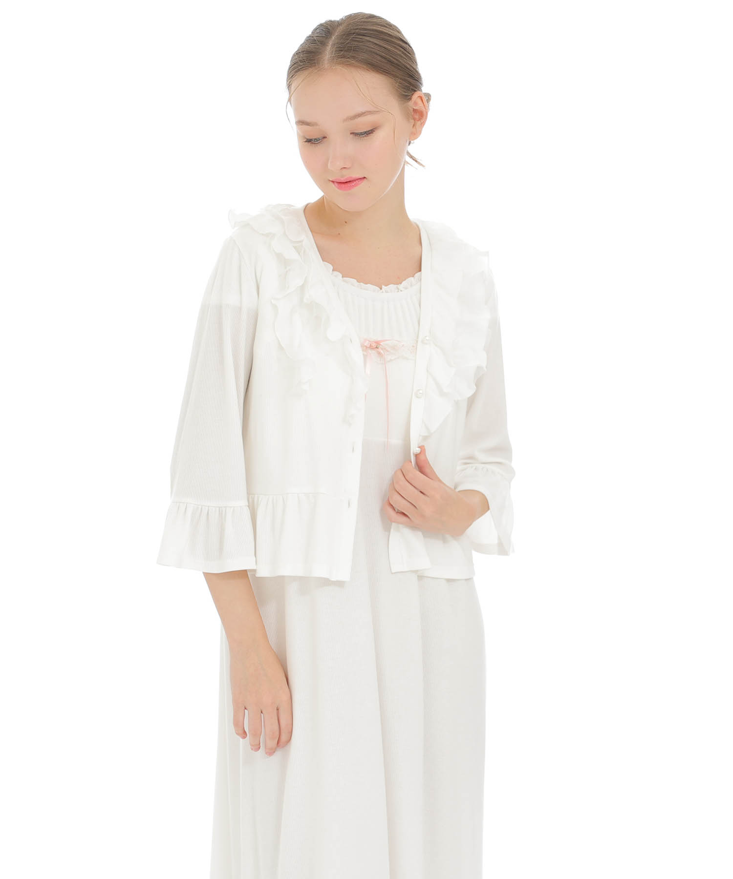 接触冷感リブニットクラシカルボレロ_パジャマ&ルームウェア-トップス-カーディガン・ガウン_ホワイト_4