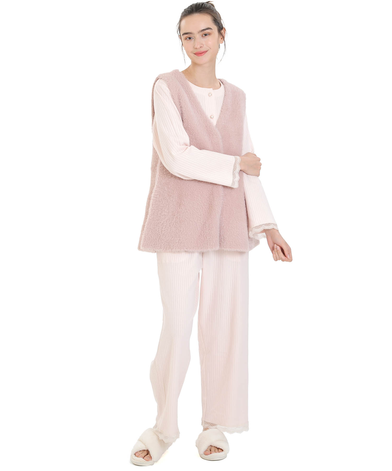 フェザーヤーンベスト_パジャマ&ルームウェア-トップス-カーディガン・ガウン_ピンク_1