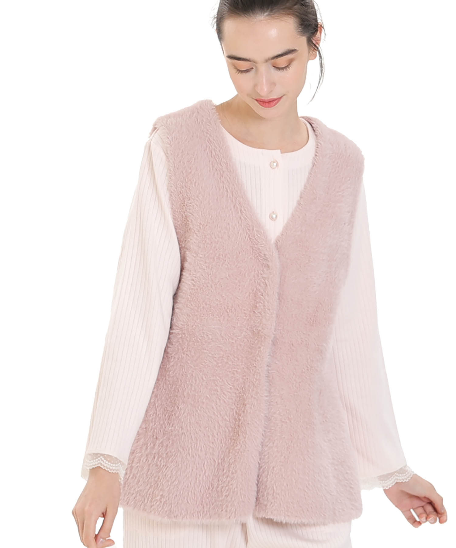 フェザーヤーンベスト_パジャマ&ルームウェア-トップス-カーディガン・ガウン_ピンク_2