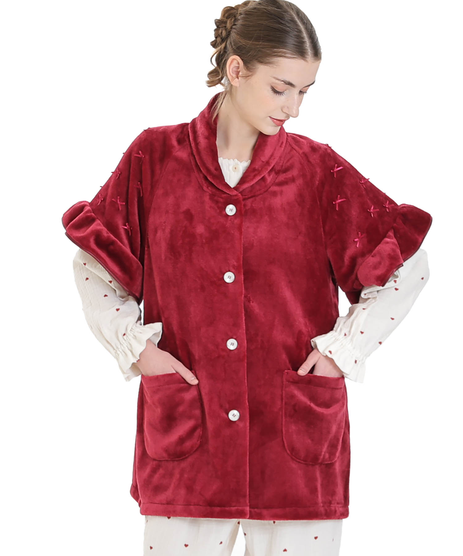 ソフティースノーリボンリボンベスト_パジャマ&ルームウェア-トップス-カーディガン・ガウン_レッド_2