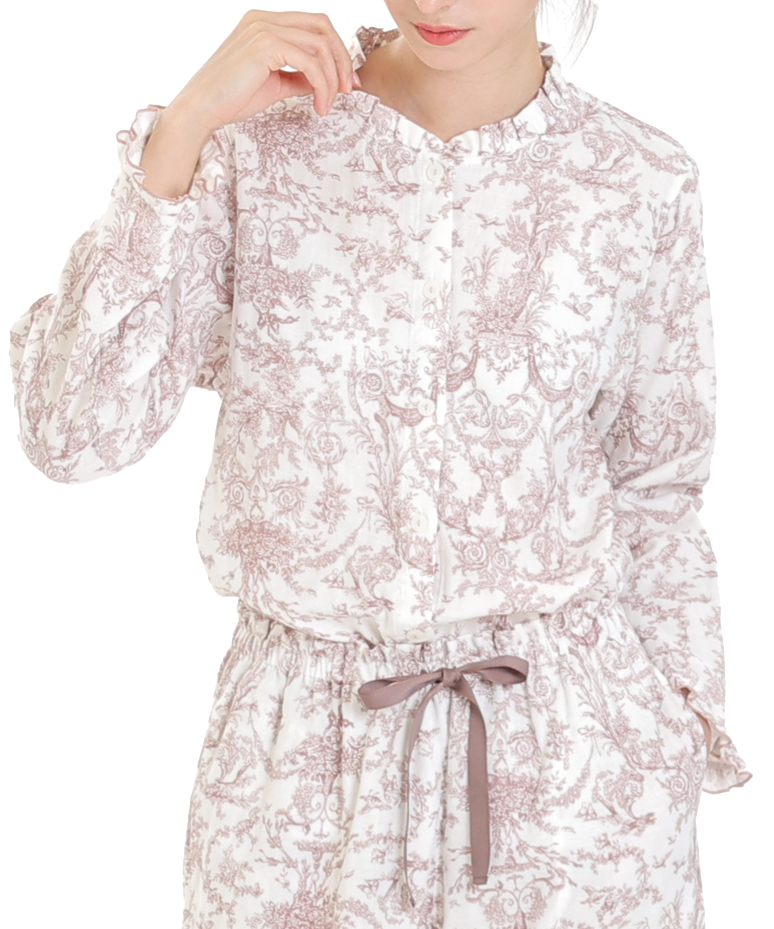 コットンダブルガーゼトワルドジュイフリルパジャマ_パジャマ&ルームウェア-セットアップ_ブラウン_0