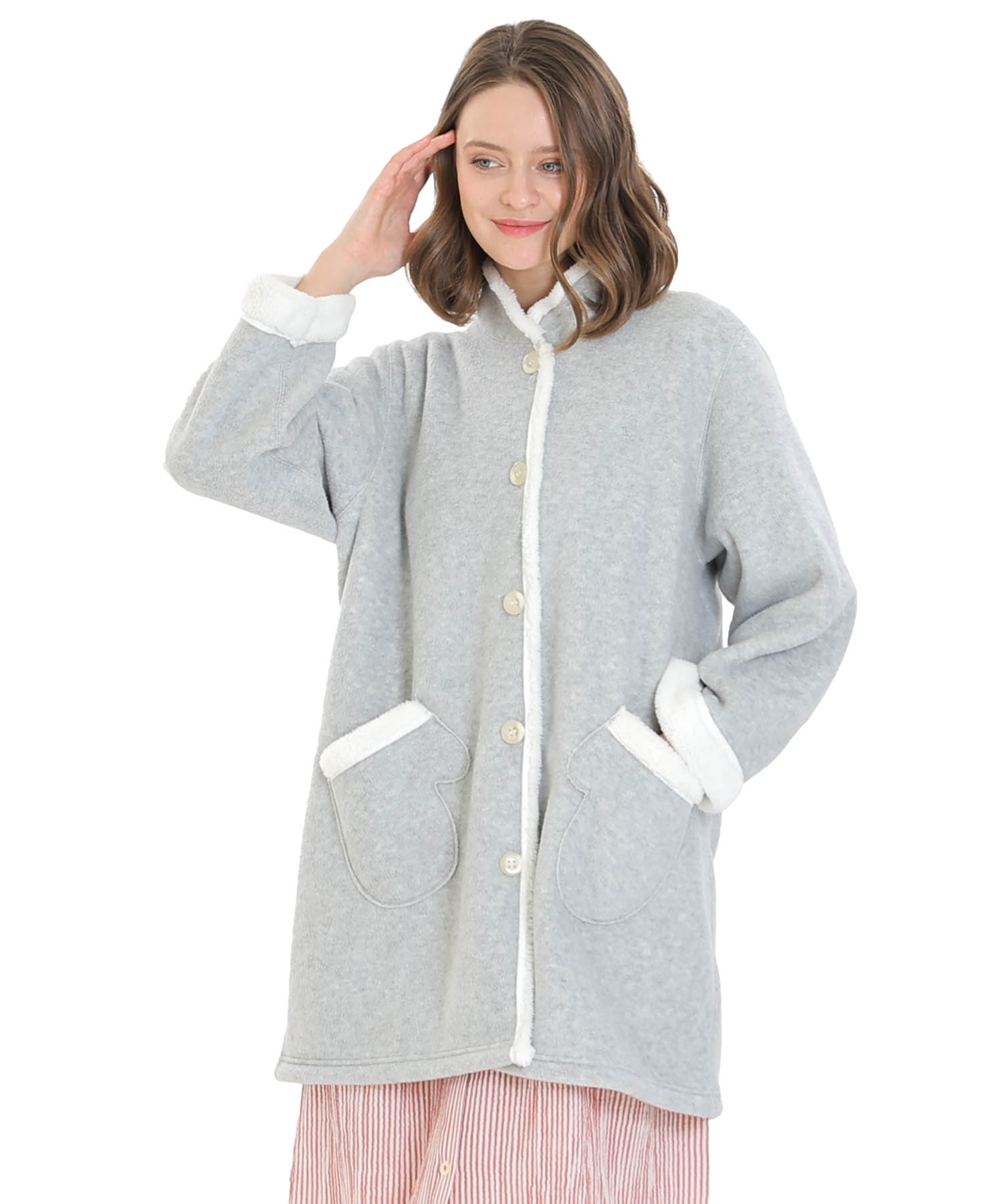 フリースボアガウン_パジャマ&ルームウェア-トップス-カーディガン・ガウン_グレー_1