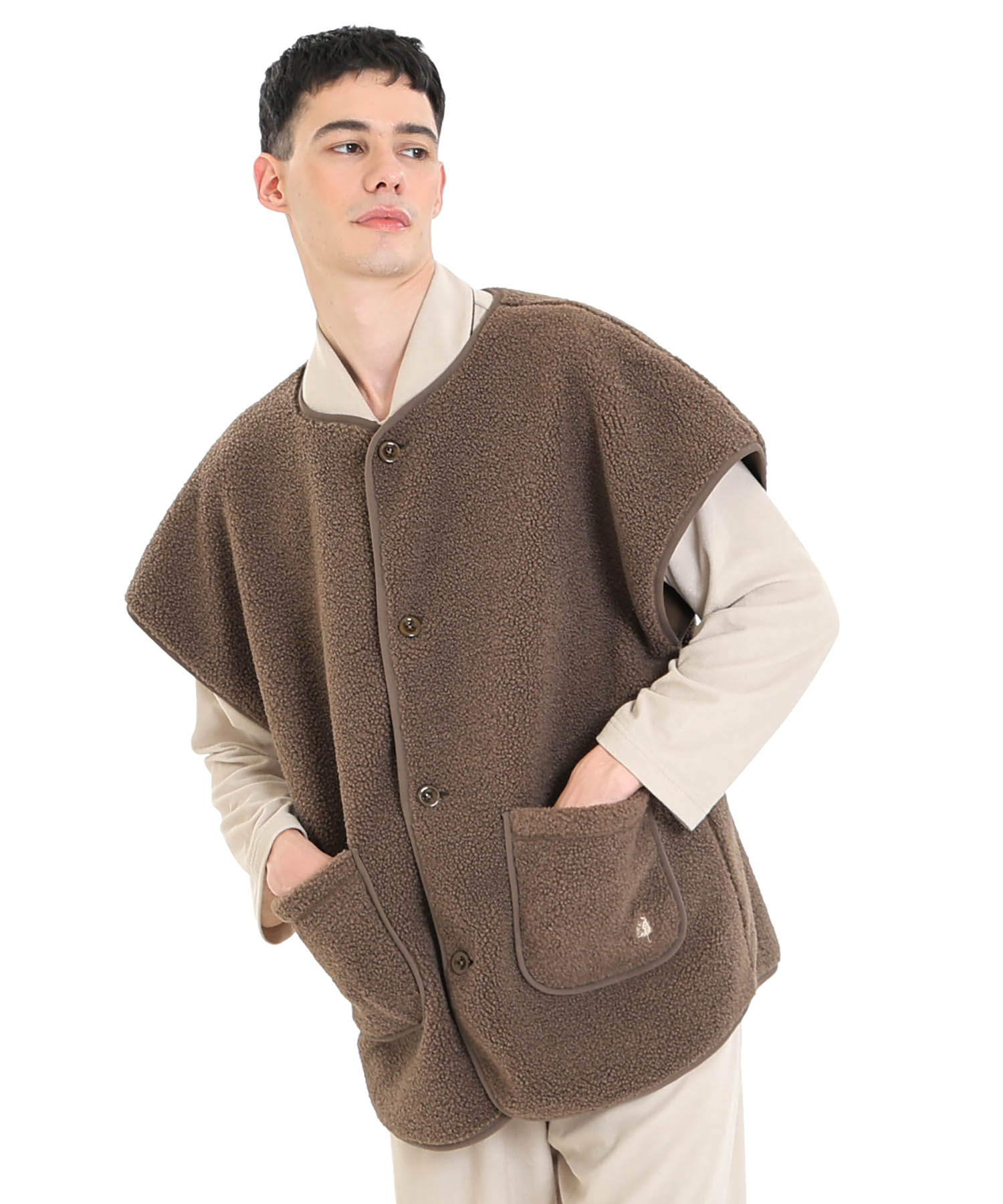 プードルフリースメンズベスト_パジャマ&ルームウェア-トップス-カーディガン・ガウン_ブラウン_1