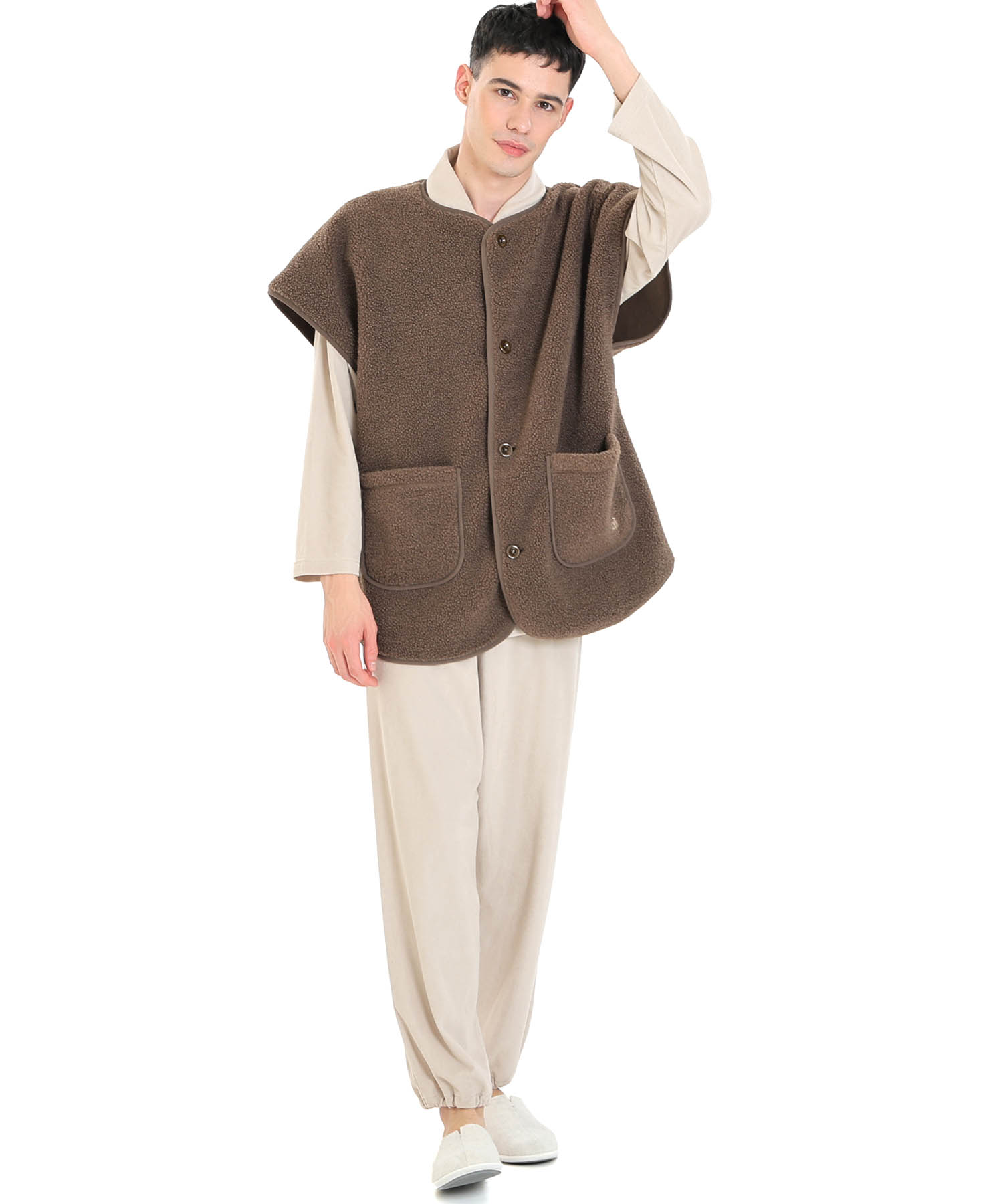 プードルフリースメンズベスト_パジャマ&ルームウェア-トップス-カーディガン・ガウン_ブラウン_2