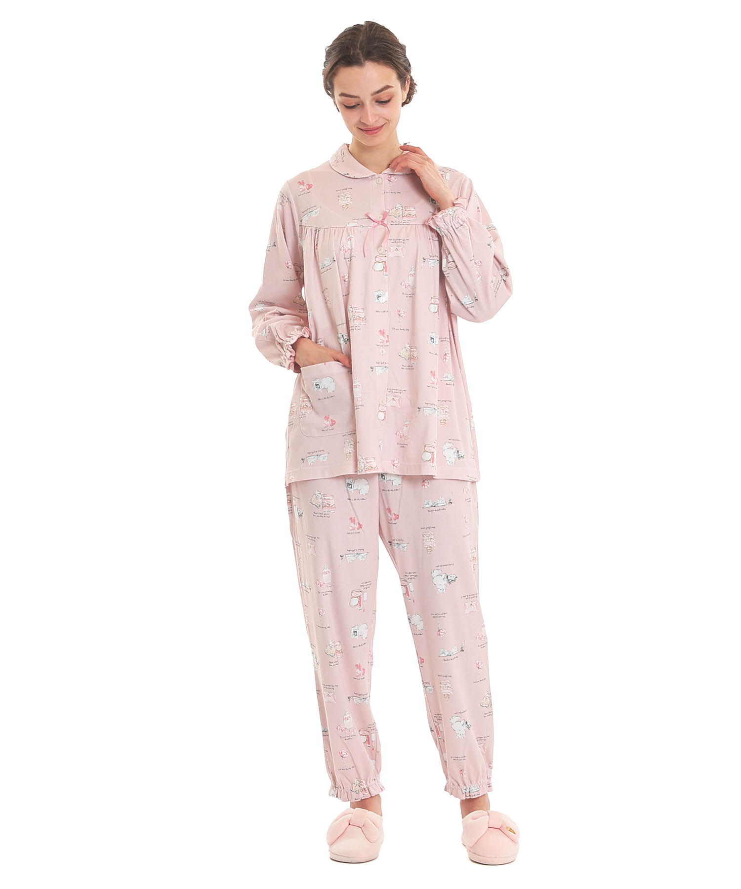 スムースレディキャットギャザーパジャマ_パジャマ&ルームウェア-セットアップ_ピンク_1