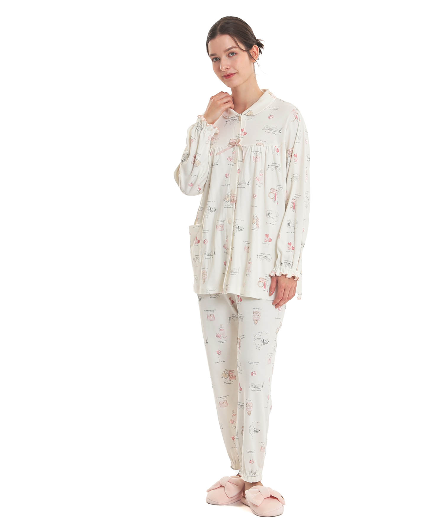 スムースレディキャットギャザーパジャマ_パジャマ&ルームウェア-セットアップ_ホワイト_1