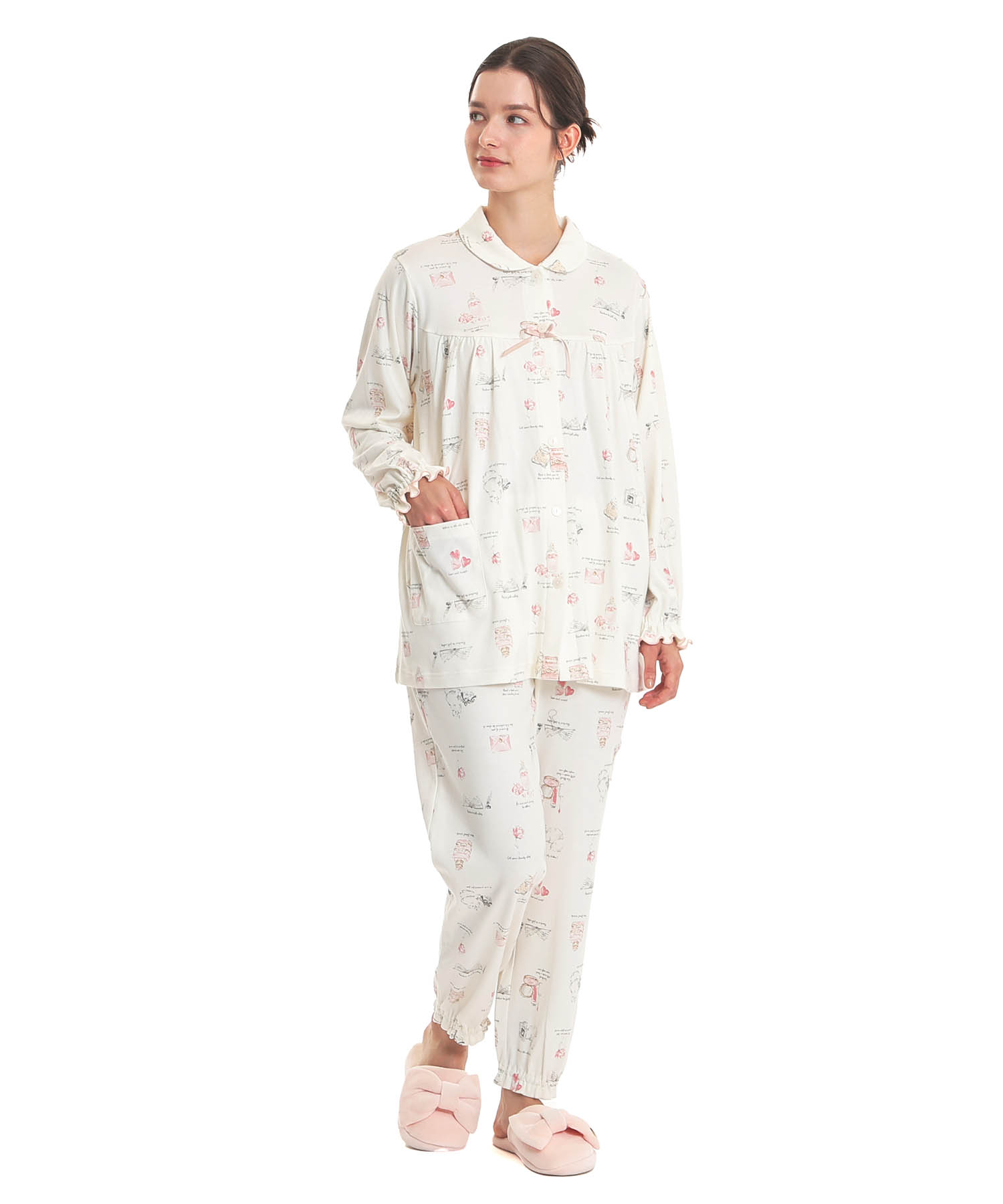 スムースレディキャットギャザーパジャマ_パジャマ&ルームウェア-セットアップ_ホワイト_2