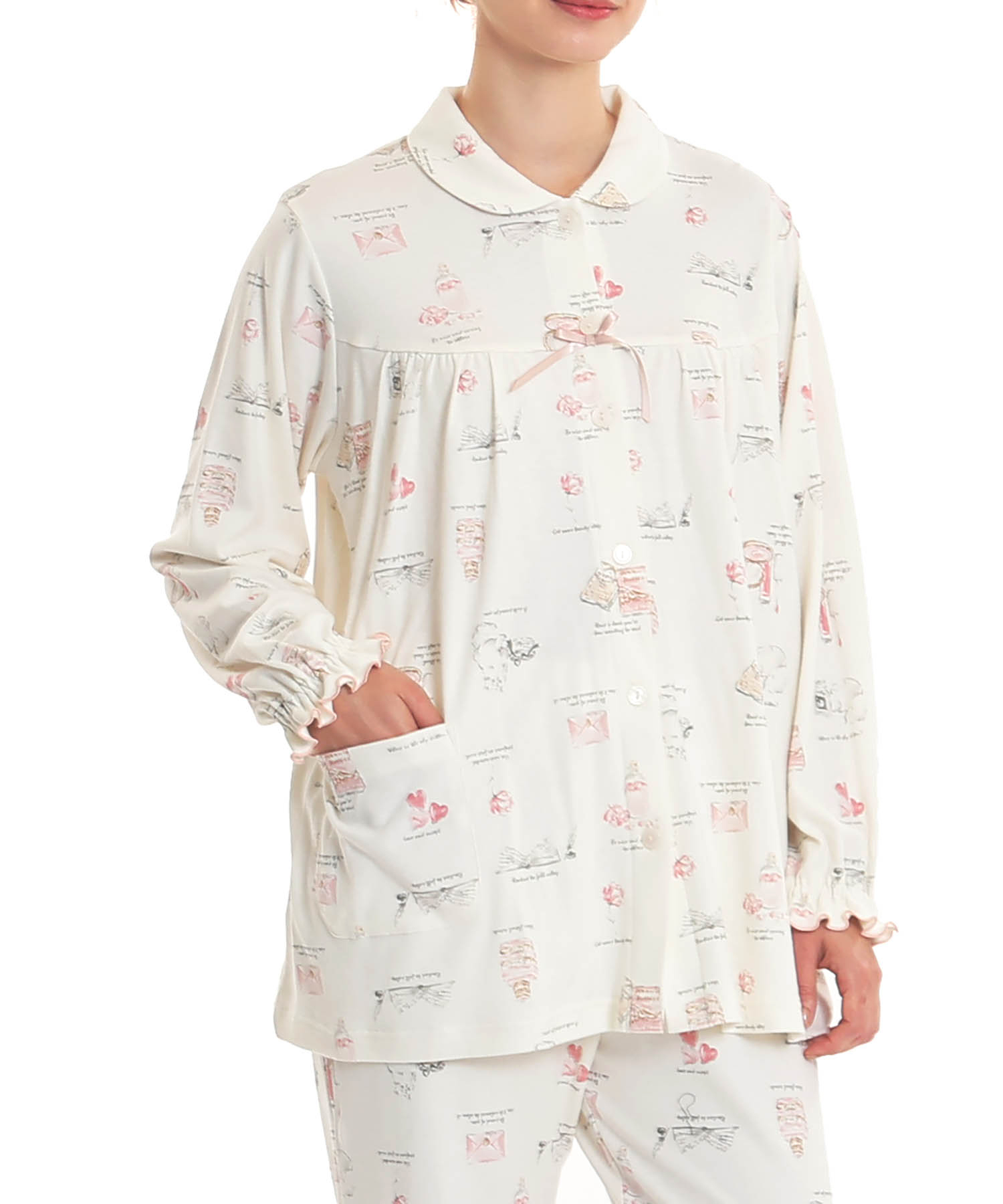 スムースレディキャットギャザーパジャマ_パジャマ&ルームウェア-セットアップ_ホワイト_0