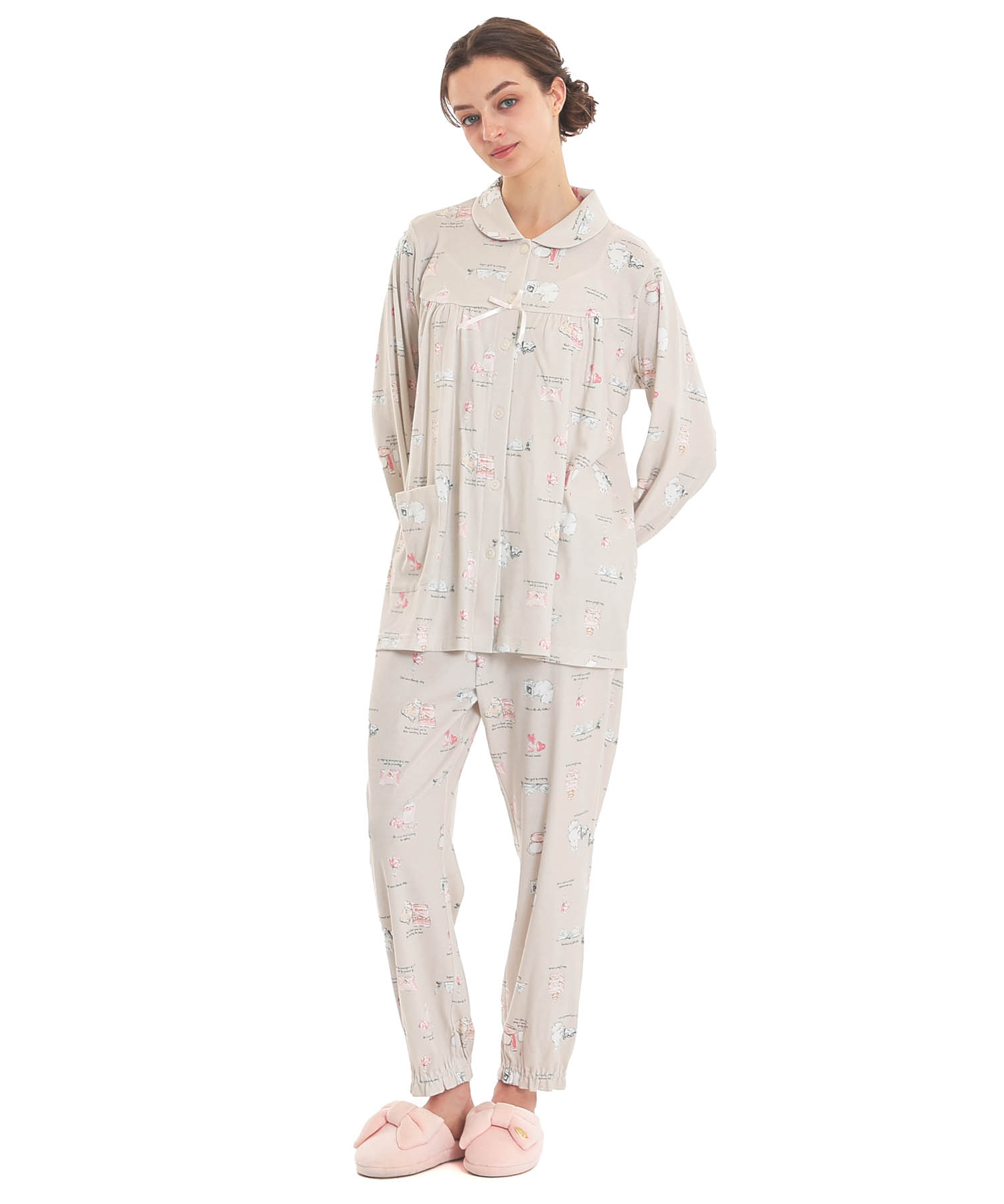 スムースレディキャットギャザーパジャマ_パジャマ&ルームウェア-セットアップ_ベージュ_1