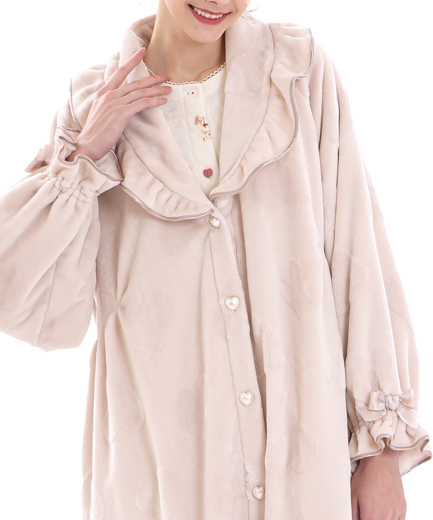 シャイニースノーエンボスハートフリルガウン_パジャマ&ルームウェア-トップス-カーディガン・ガウン_ベージュ_0