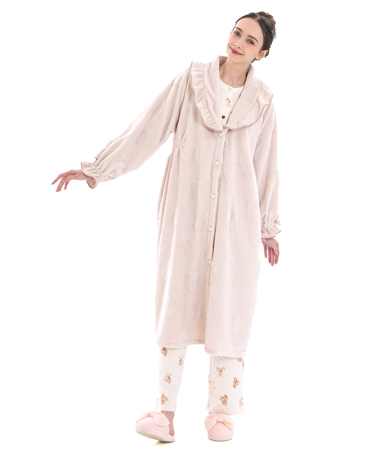 シャイニースノーエンボスハートフリルガウン_パジャマ&ルームウェア-トップス-カーディガン・ガウン_ベージュ_1