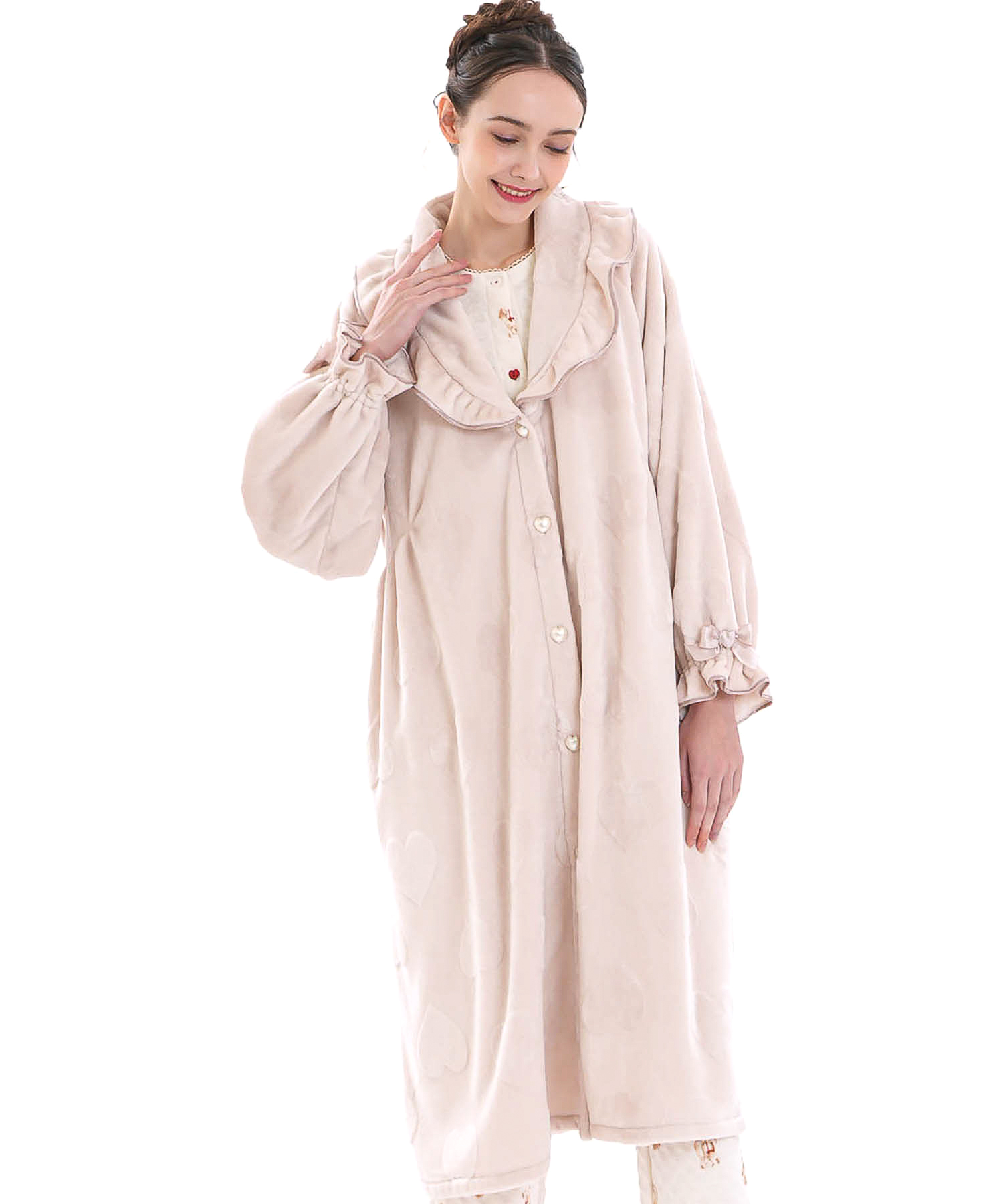 シャイニースノーエンボスハートフリルガウン_パジャマ&ルームウェア-トップス-カーディガン・ガウン_ベージュ_2