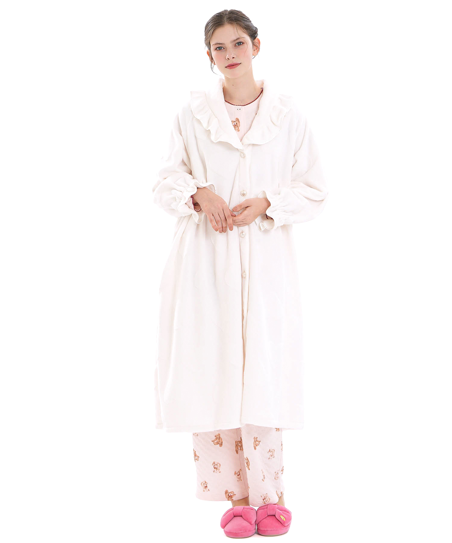 シャイニースノーエンボスハートフリルガウン_パジャマ&ルームウェア-トップス-カーディガン・ガウン_ホワイト_1