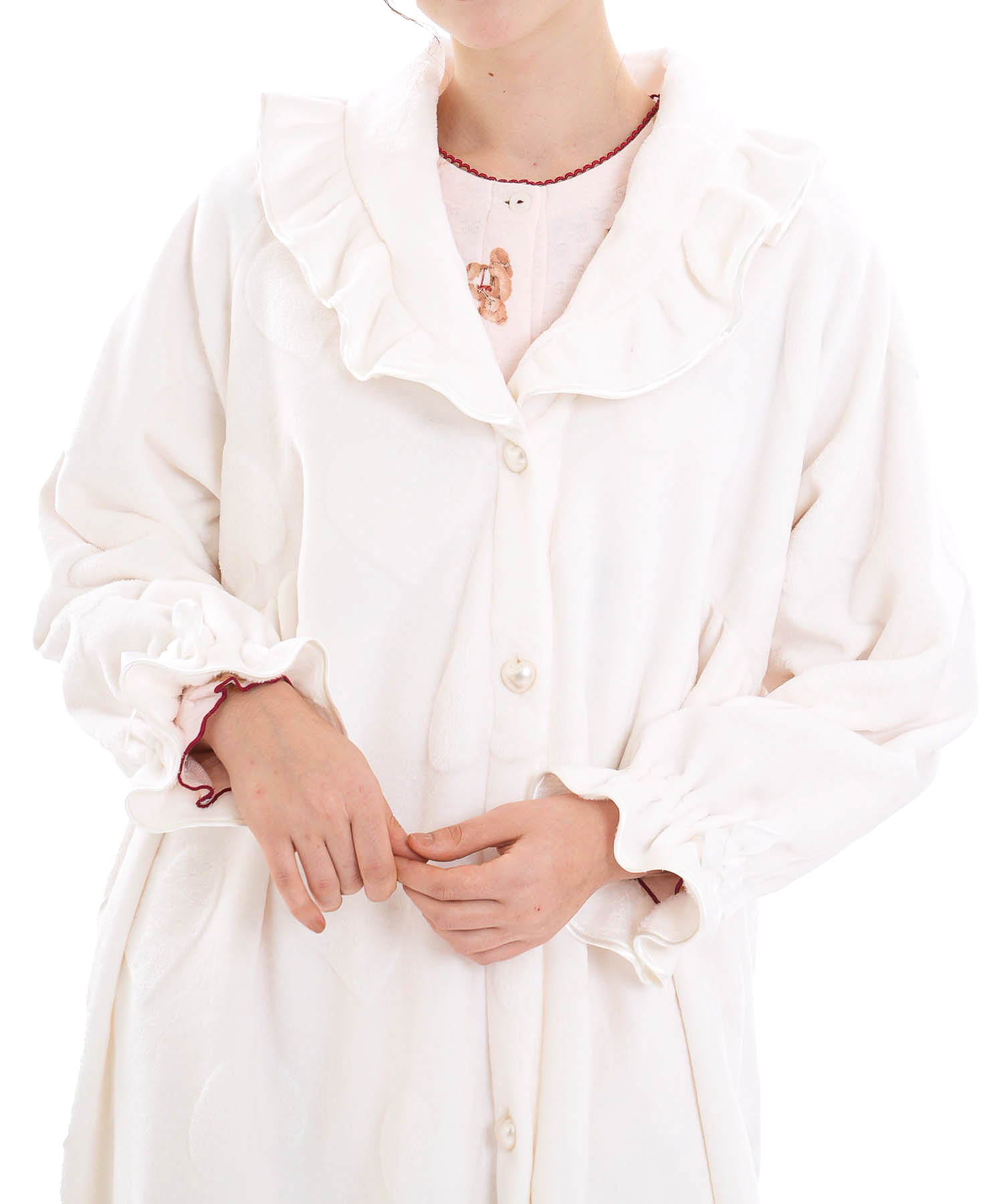 シャイニースノーエンボスハートフリルガウン_パジャマ&ルームウェア-トップス-カーディガン・ガウン_ホワイト_0