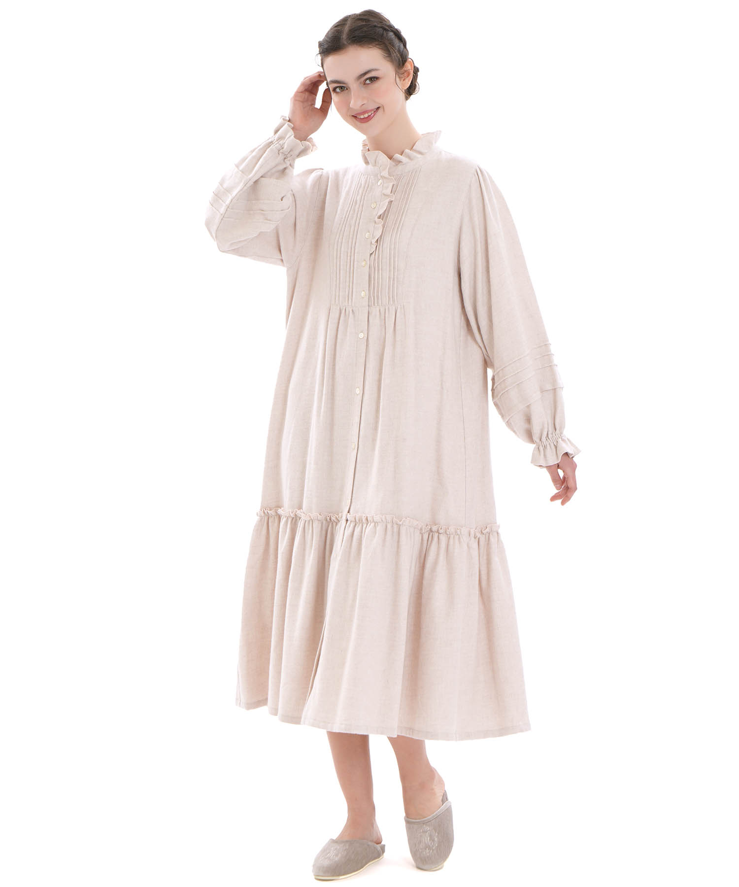 コットンフランネルシュクレフリルドレス_パジャマ&ルームウェア-ワンピース・ネグリジェ_アイボリー_1