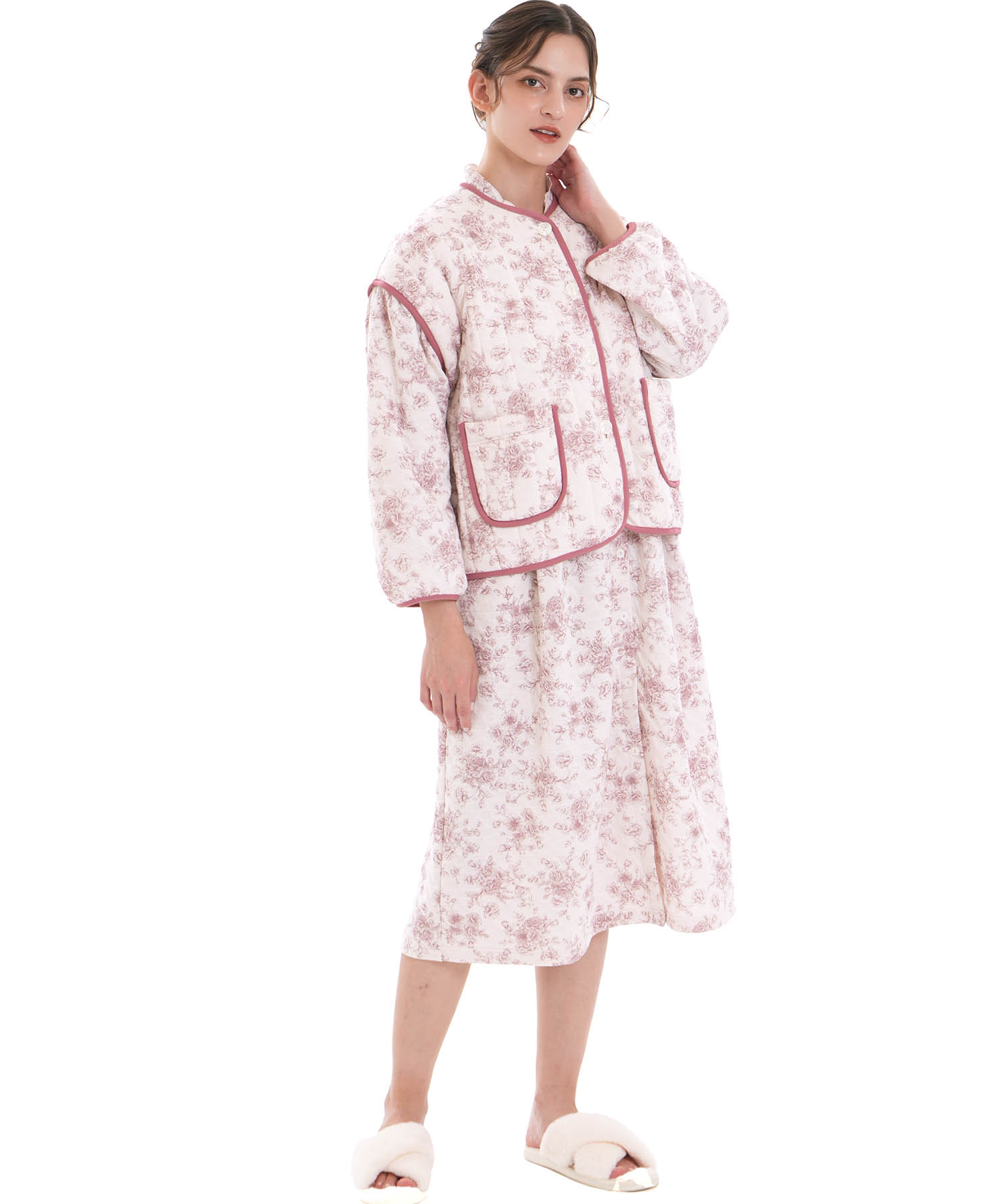 裏綿接結(綿入り)トワルドラパンカーデ_パジャマ&ルームウェア-トップス-カーディガン・ガウン_ボルドー_2