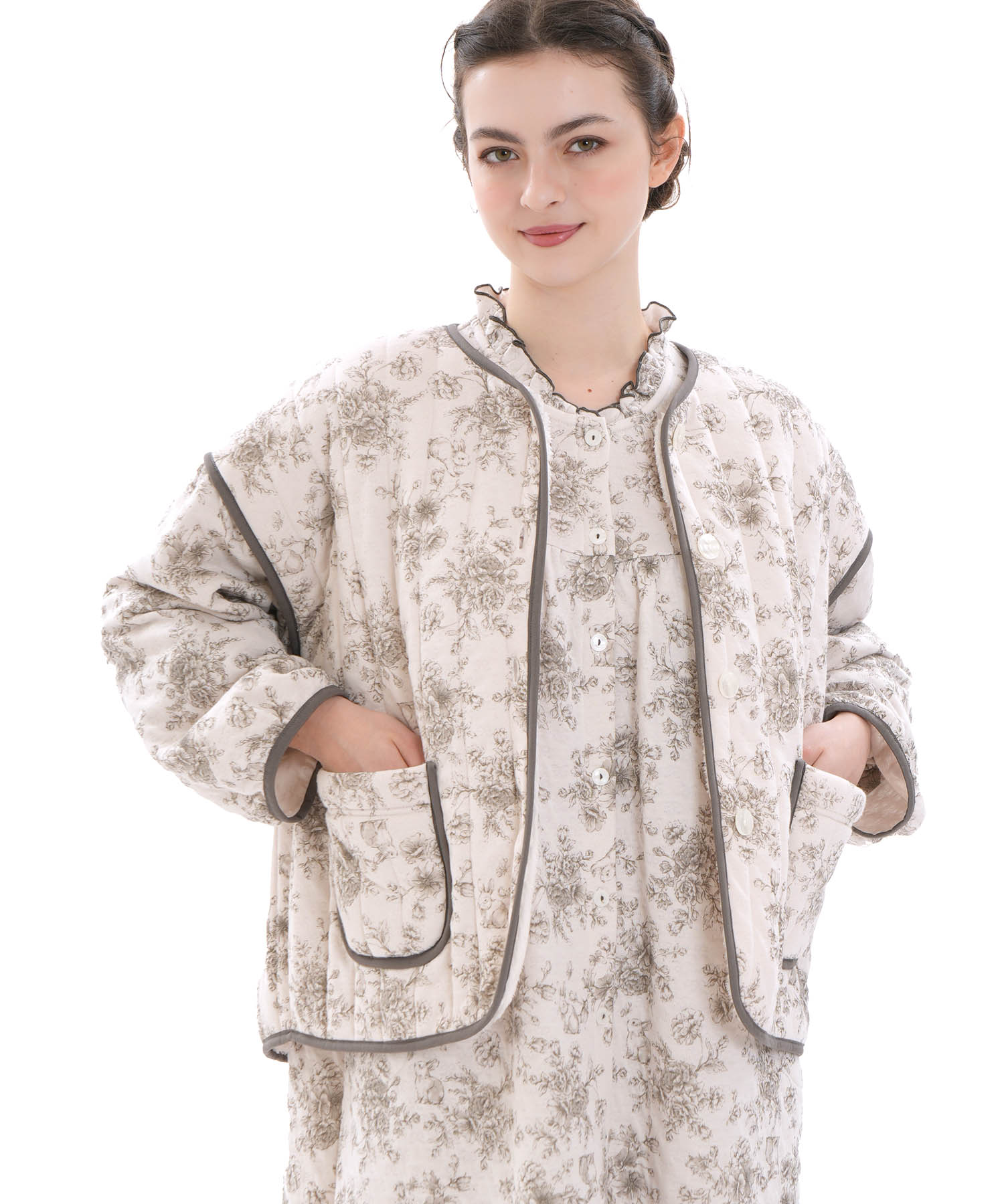 裏綿接結(綿入り)トワルドラパンカーデ_パジャマ&ルームウェア-トップス-カーディガン・ガウン_グレー_1