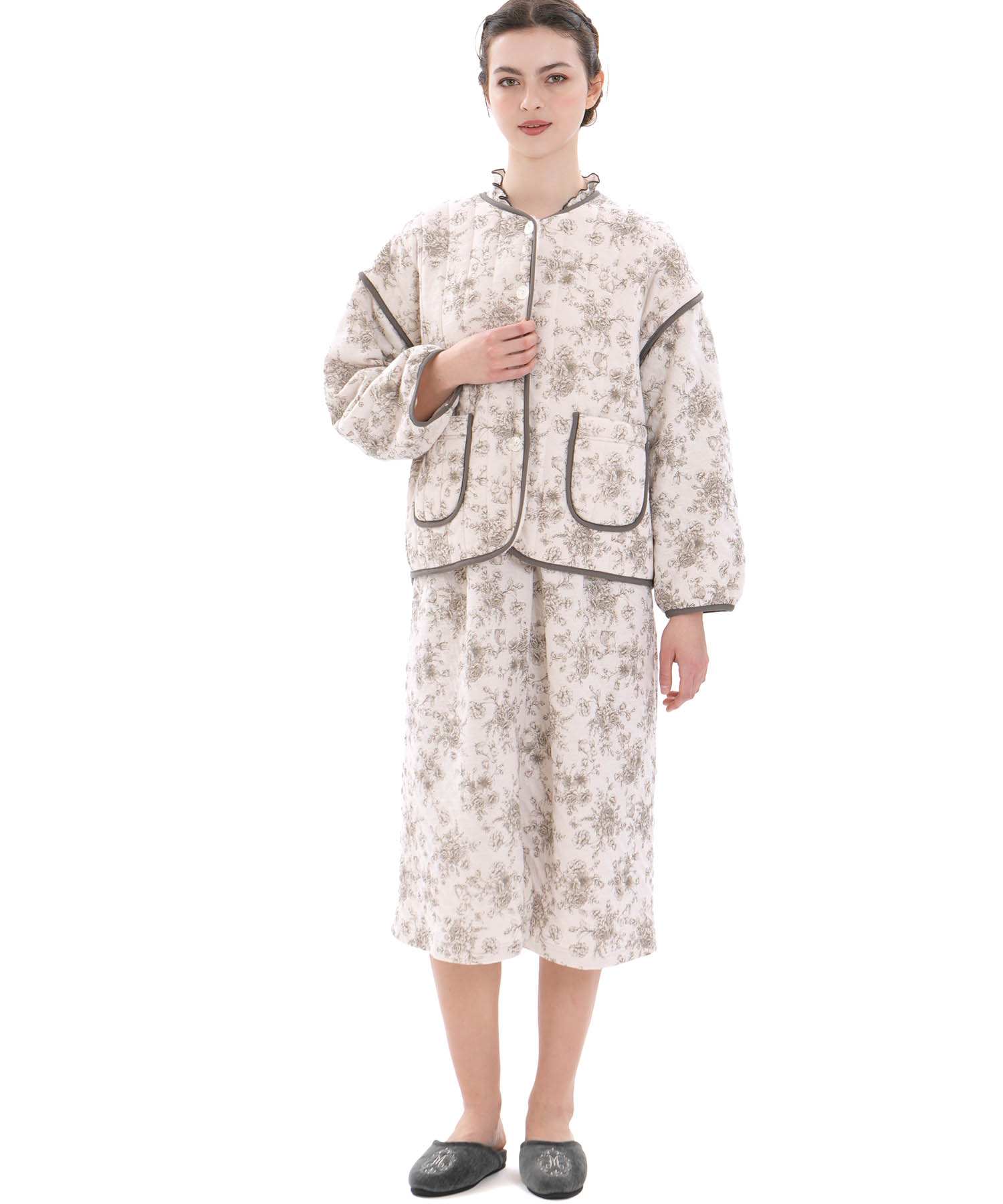 裏綿接結(綿入り)トワルドラパンカーデ_パジャマ&ルームウェア-トップス-カーディガン・ガウン_グレー_2