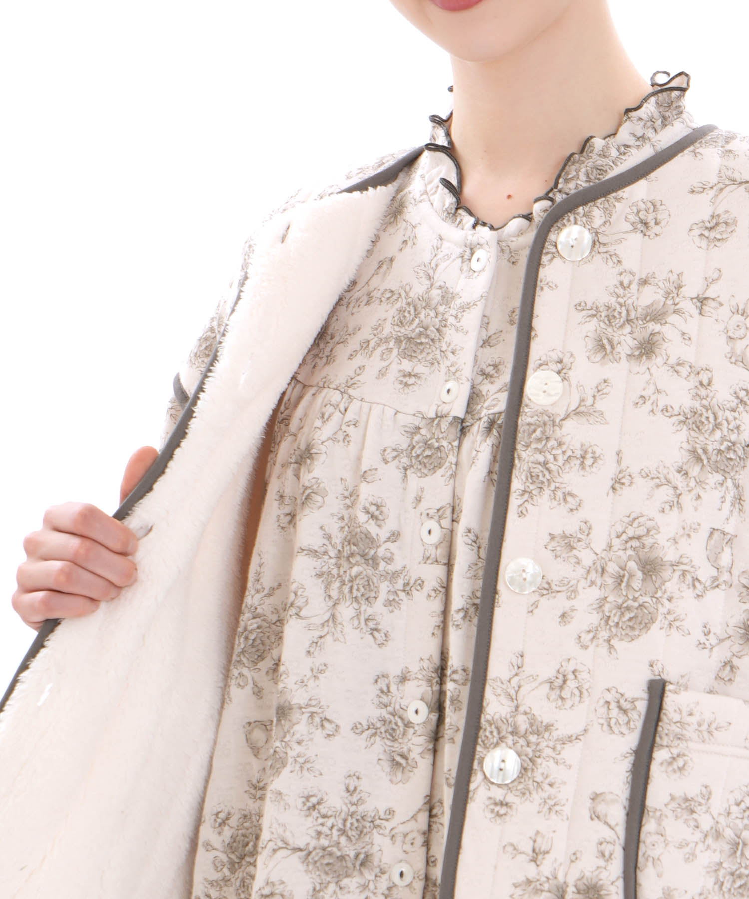 裏綿接結(綿入り)トワルドラパンカーデ_パジャマ&ルームウェア-トップス-カーディガン・ガウン_グレー_3