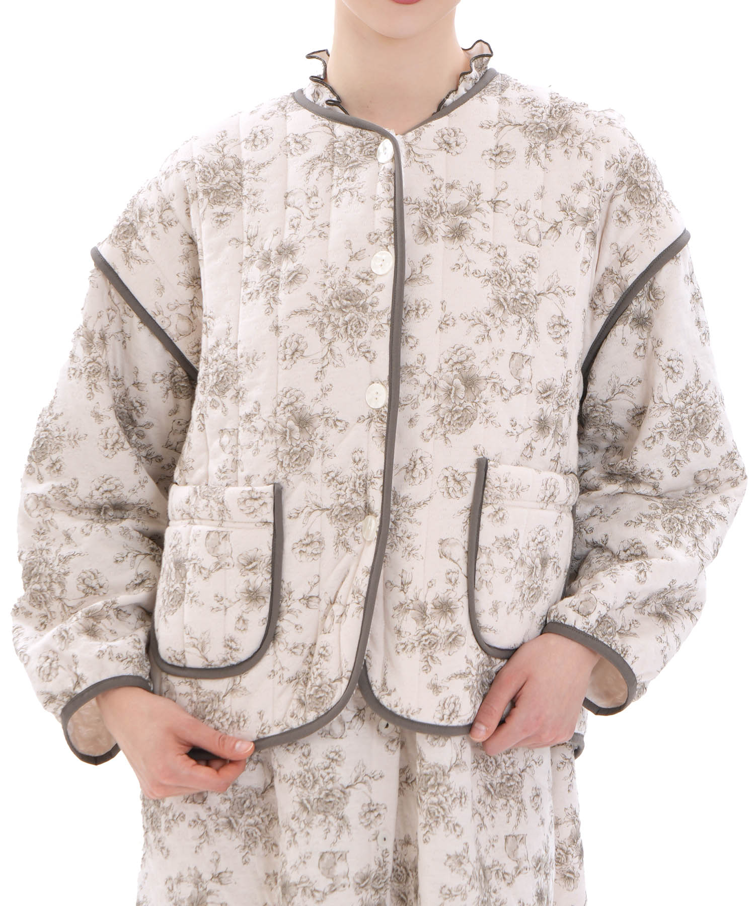 裏綿接結(綿入り)トワルドラパンカーデ_パジャマ&ルームウェア-トップス-カーディガン・ガウン_グレー_0