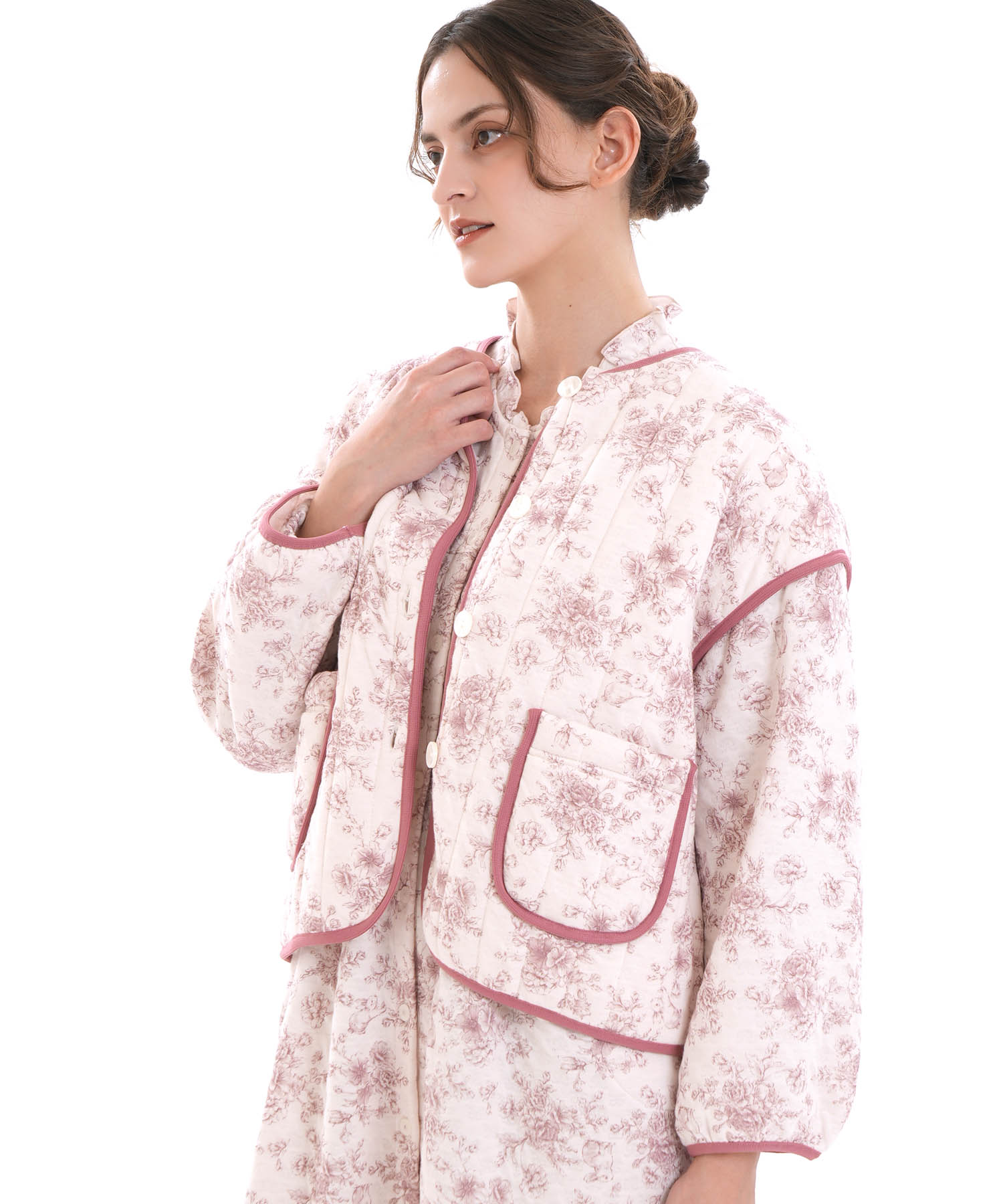 裏綿接結(綿入り)トワルドラパンカーデ_パジャマ&ルームウェア-トップス-カーディガン・ガウン_ボルドー_1