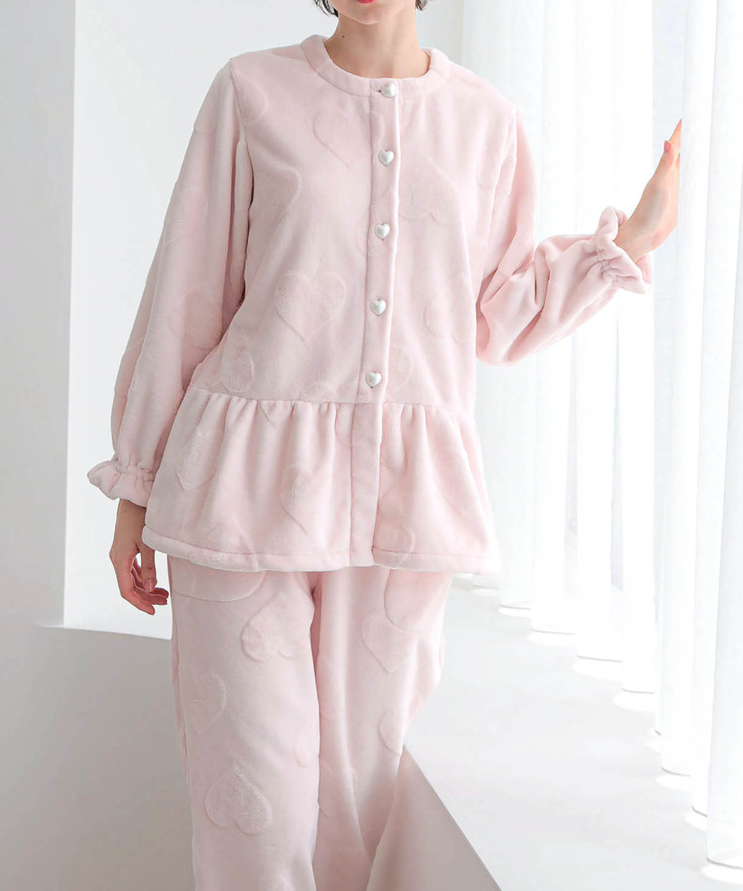 シャイニースノーエンボスハートペプラムパジャマ_パジャマ&ルームウェア-セットアップ_ピンク_4