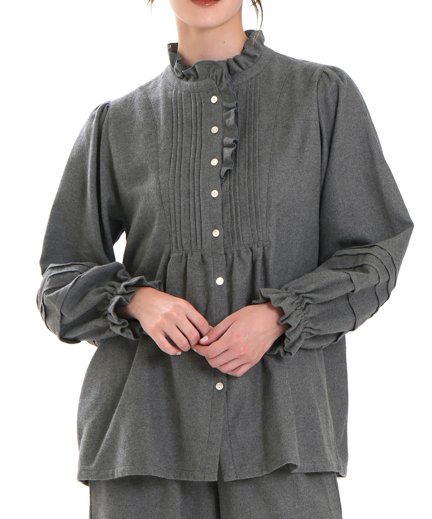 コットンフランネルシュクレフリルパジャマ_パジャマ&ルームウェア-セットアップ_チャコールグレー_0