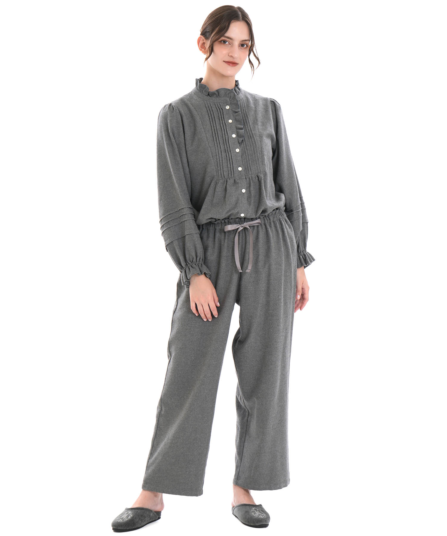 コットンフランネルシュクレフリルパジャマ_パジャマ&ルームウェア-セットアップ_チャコールグレー_1