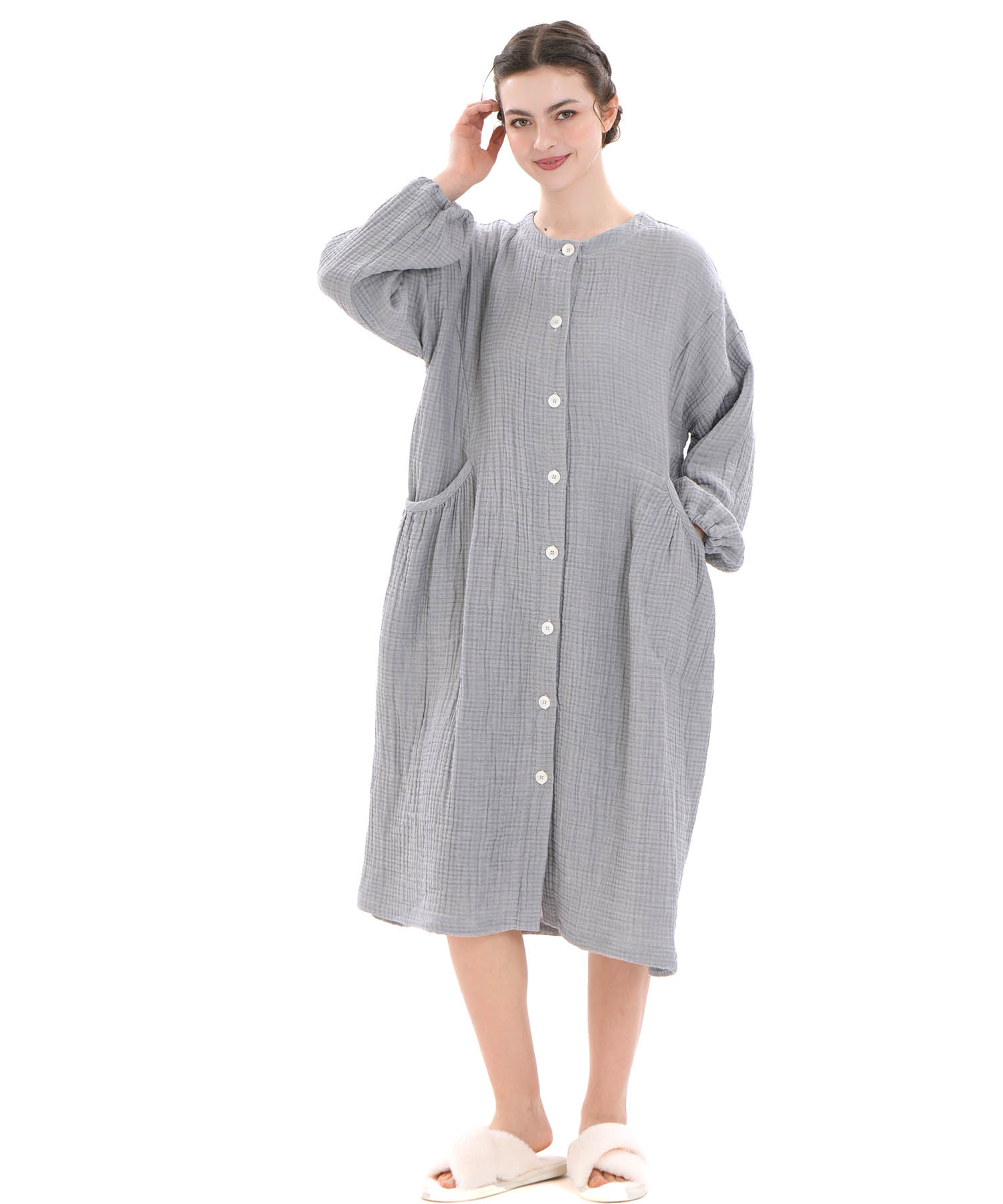 シュークリームガーゼ(R)4+ソリッドカラーワンピース_パジャマ&ルームウェア-ワンピース・ネグリジェ_グレー_1