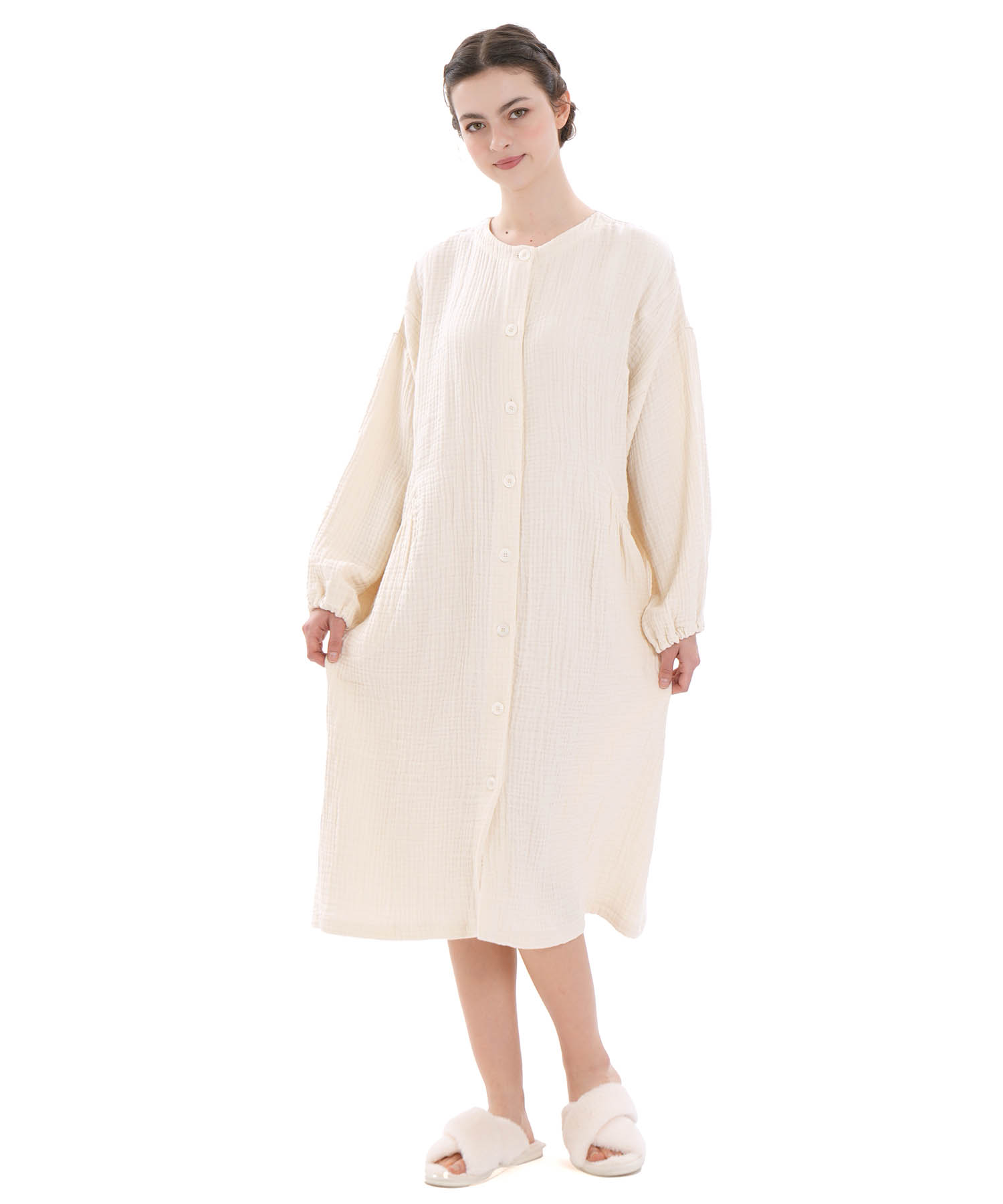 シュークリームガーゼ(R)4+ソリッドカラーワンピース_パジャマ&ルームウェア-ワンピース・ネグリジェ_アイボリー_1