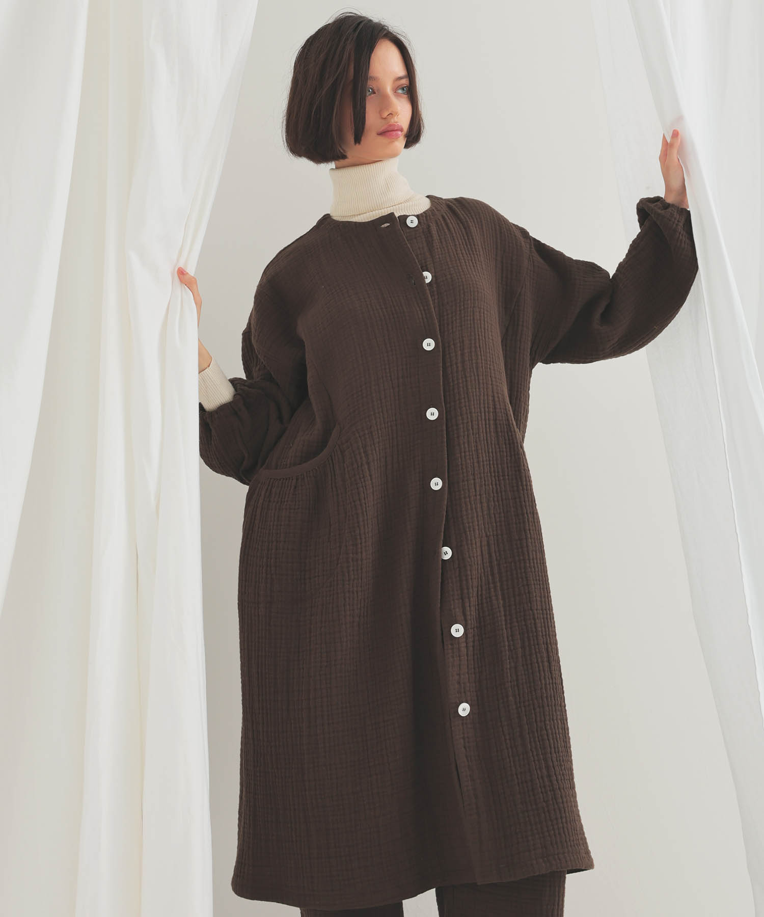 シュークリームガーゼ(R)4+ソリッドカラーワンピース_パジャマ&ルームウェア-ワンピース・ネグリジェ_ブラウン_1